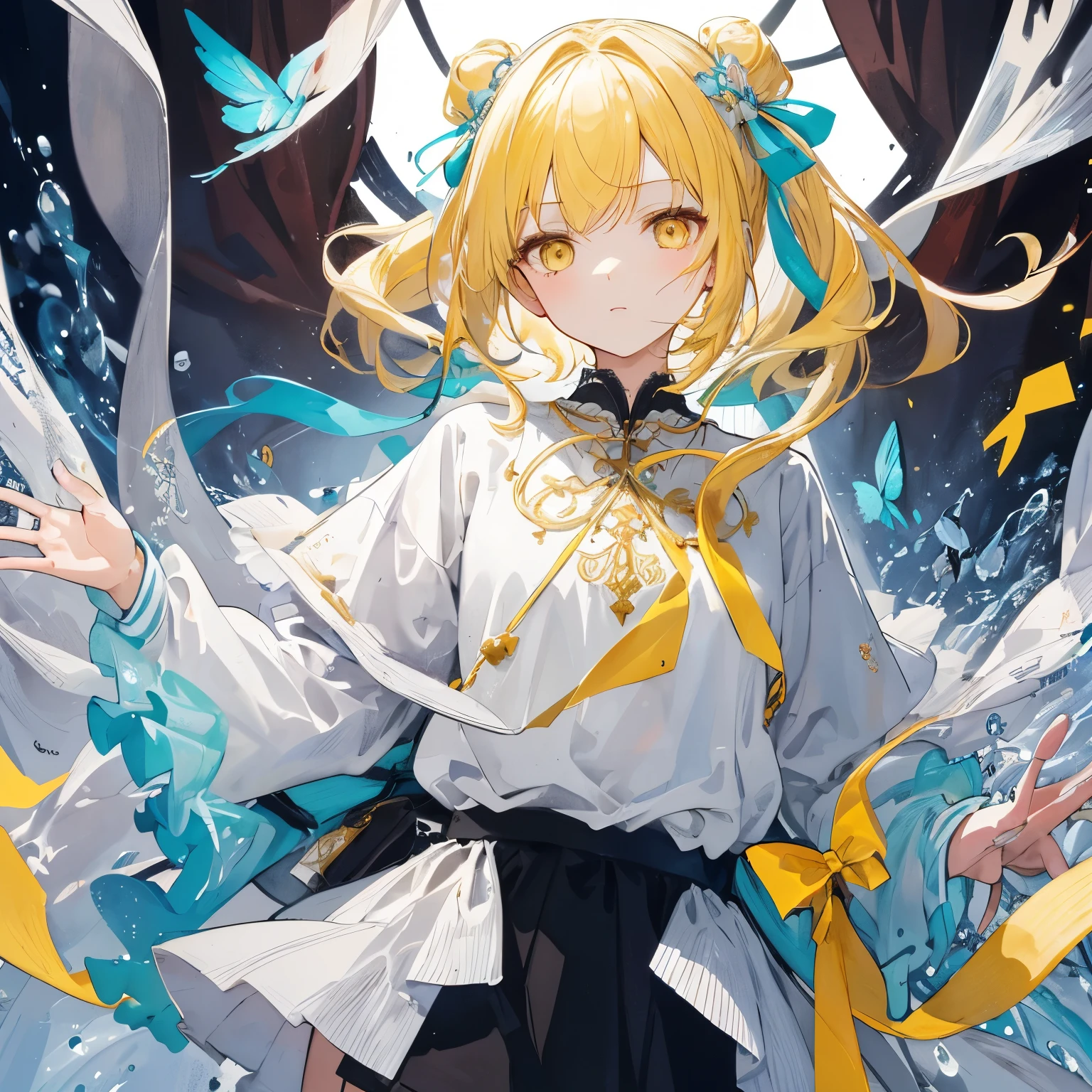 Transparent watercolors, girls, Jewel Eyes, beautiful arrangements and motifs, depth of field, turquoise blue image, dark brown jumper, open jumper, white shirt, pritz skirt, ivory hair, yellow hair, yellow eyes, hair tied with ribbons, very cute girl, animated art, 8K