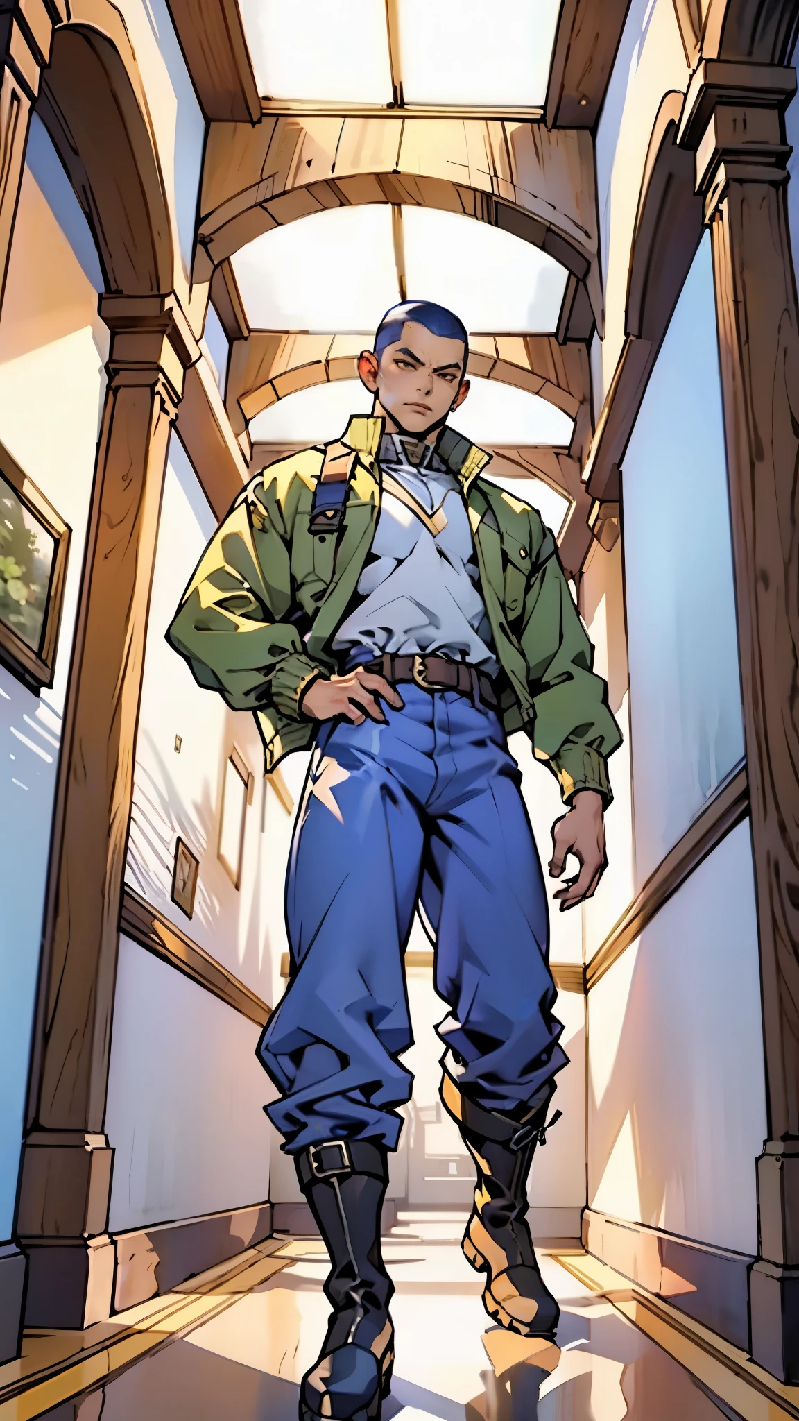 In the backdrop of an ancient fantasy-reality setting, a youth sporting a platinum crew cut displays a piercing gaze and confident demeanor. Adorned in a two-piece fusion outfit, seamlessly blending Western and Eastern influences, he wears a snug dark top paired with a vibrant yellow-blue short jacket. The lower half features loose white utility pants, and his sturdy long boots echo through the corridors of an antiquated architectural landscape. The overall aesthetic captures the essence of a refined and mature anime-inspired  rogue, symmetrical face, extremely detailed eyes and face, high quality eyes, high definition, highres, ultra-fine painting, exquisite and mature, extremely delicate, professional, anatomically correct, creativity, UHD, HDR, 32k, Natural light, cinematic lighting, best shadow, masterpiece-anatomy-perfect, best quality, masterpiece, ultra-detailed