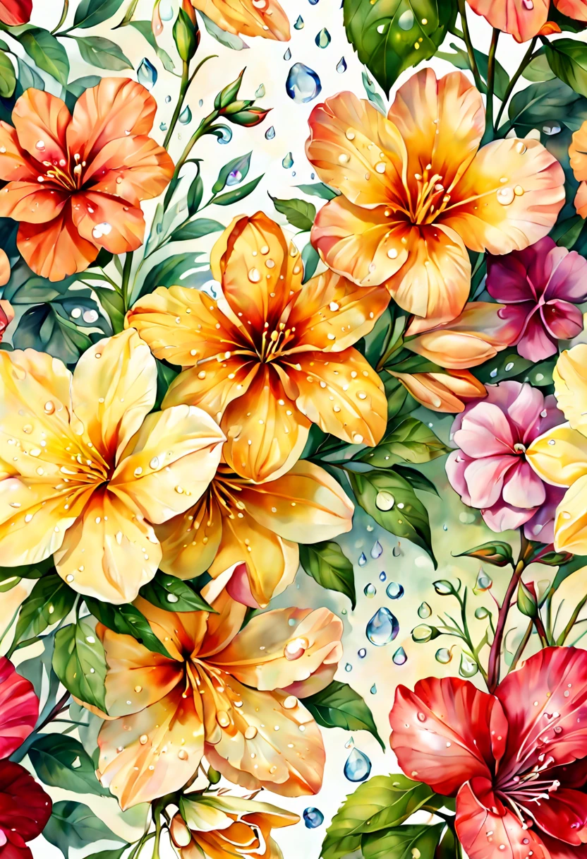 (best quality, 4k, 8k, high resolution, masterpiece:1.2), ultra-detailed, (realistic, photorealistic:1.37), vibrant watercolor flowers, assorted blooms, delicate petals, soft watercolor wash, (watercolor paper texture:1.1), (lush foliage:1.1), interplay of light and shadow, (sunlit:1.1), (dew drops on petals:1.1), (varied flower species:1.1), botanical illustration, (rich color palette:1.1), (soft edges:1.1), (depth of field:1.1), (artistic composition:1.1), (harmonious arrangement:1.1)