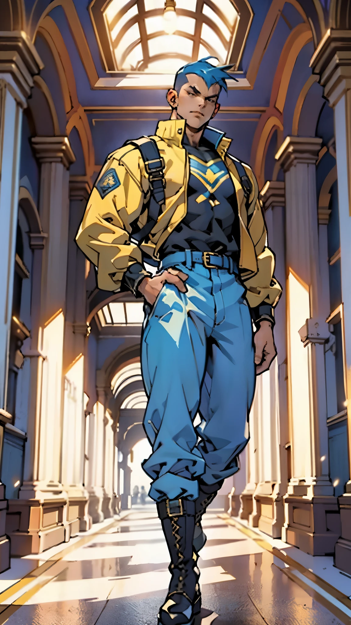 In the backdrop of an ancient fantasy-reality setting, a youth sporting a platinum crew cut displays a piercing gaze and confident demeanor. Adorned in a two-piece fusion outfit, seamlessly blending Western and Eastern influences, he wears a snug dark top paired with a vibrant yellow-blue short jacket. The lower half features loose white utility pants, and his sturdy long boots echo through the corridors of an antiquated architectural landscape. The overall aesthetic captures the essence of a refined and mature anime-inspired rogue, symmetrical face, extremely detailed eyes and face, high quality eyes, high definition, highres, ultra-fine painting, exquisite and mature, extremely delicate, professional, anatomically correct, creativity, UHD, HDR, 32k, Natural light, cinematic lighting, best shadow, masterpiece-anatomy-perfect, best quality, masterpiece, ultra-detailed