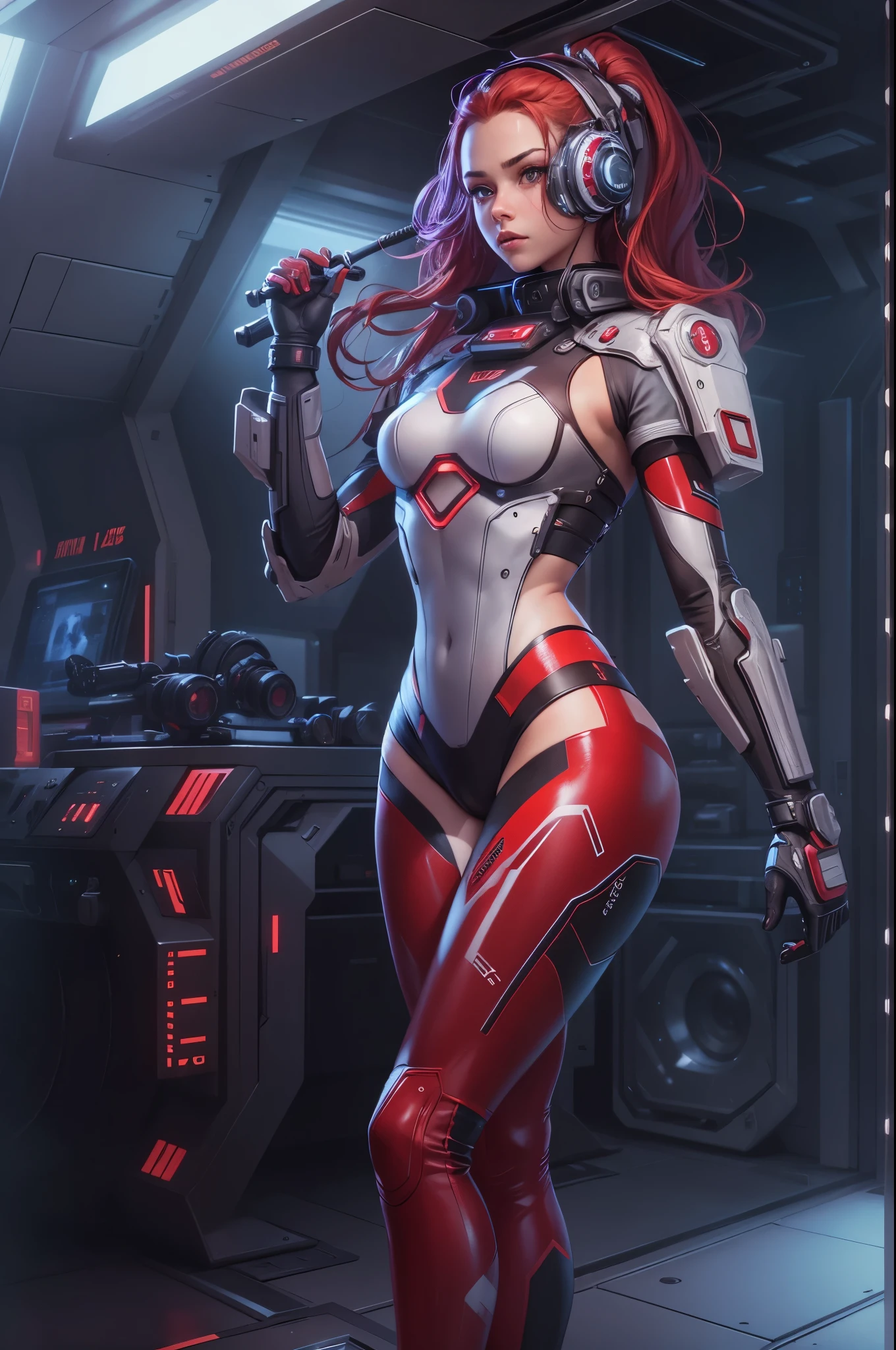 1girl,Future technology clothing，（Red latex tights：1.3），（Luminous array lights on clothes），Soft light，Mechanical belt，（high-tech weapon：1.3），Future technology hair bundle，Android，Super Soldier，dynamic poses，shooting，Holographic screen background，Super stunning graphics，super wide shot，best quality，masterpiece，8k，Unreal 5 rendering，High chiaroscuro，