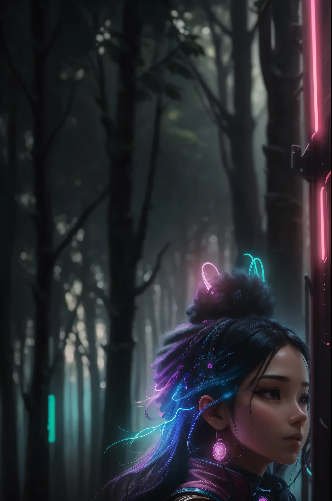 RAW Photo of shamanic woman in a cyberpunk forest with neon lights mist and fog in the atmosphere C7b3rp0nkStyle woman, cyberpunk style, photorealistic, (Masterpiece:1.3) (best quality:1.2) (high quality:1.1) --auto --s2