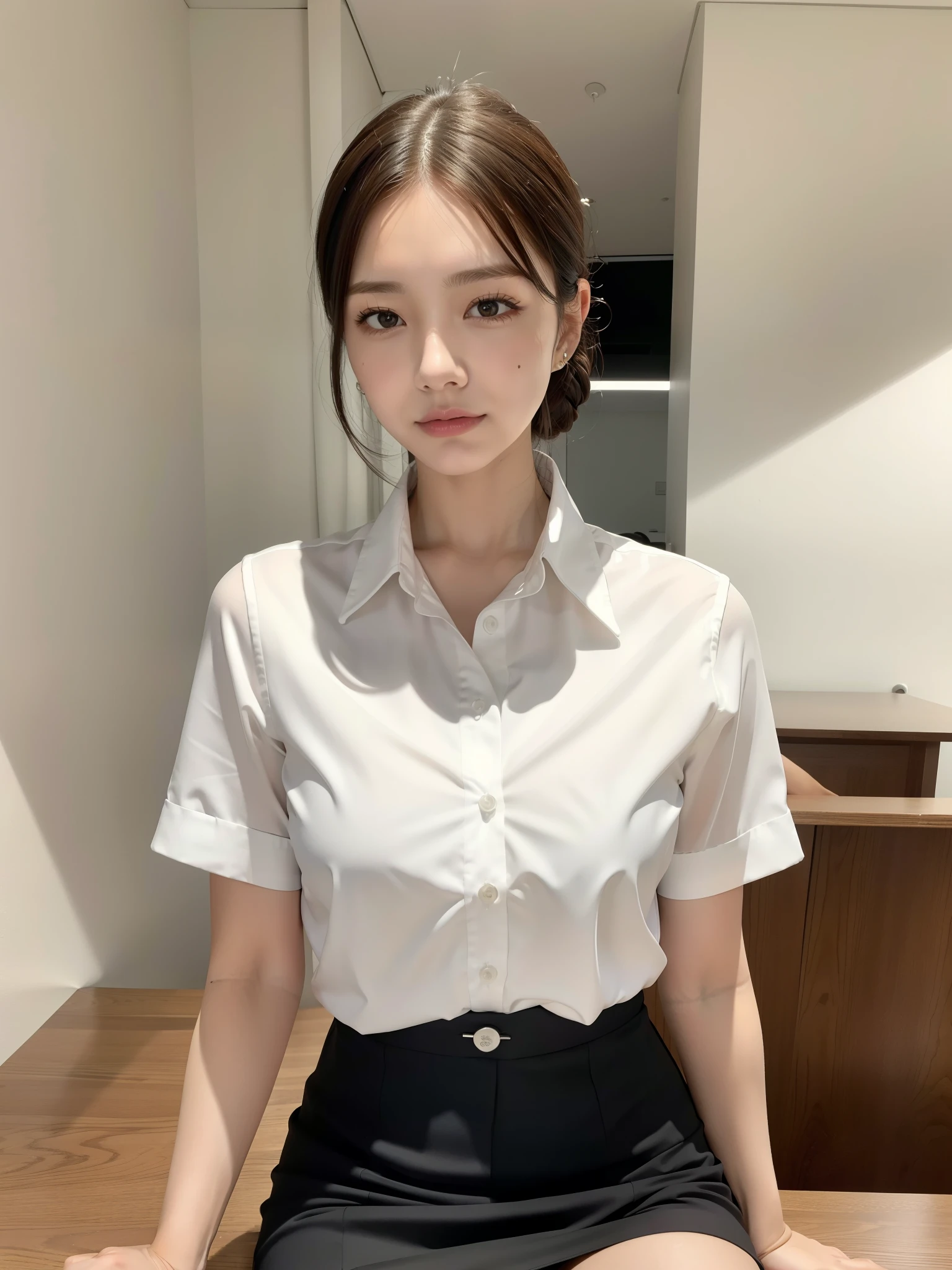 Button shirt with collar, Office lady, At work, office Casual Pencil Skirt, ((of the highest quality, 8K, masutepiece: 1.3, Raw photo)), Sharp Focus: 1.2, (1 AESPA Girl :1.1), (Solo: 1.15), (Realistic, Photorealistic: 1.37), (Face Focus: 1.1), Cute face, hyperdetailed face, Short messy hair, updo, Small breasts, flat chest, sitting on the table, spread legs, Thigh, cafe,