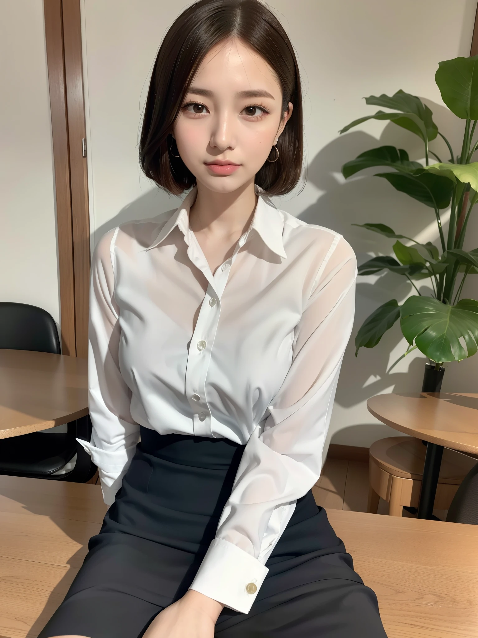 Button shirt with collar, Office lady, At work, office Casual Pencil Skirt, ((of the highest quality, 8K, masutepiece: 1.3, Raw photo)), Sharp Focus: 1.2, (1 AESPA Girl :1.1), (Solo: 1.15), (Realistic, Photorealistic: 1.37), (Face Focus: 1.1), Cute face, hyperdetailed face, Short messy hair, updo, Small breasts, flat chest, sitting on the table, spread legs, Thigh, cafe,