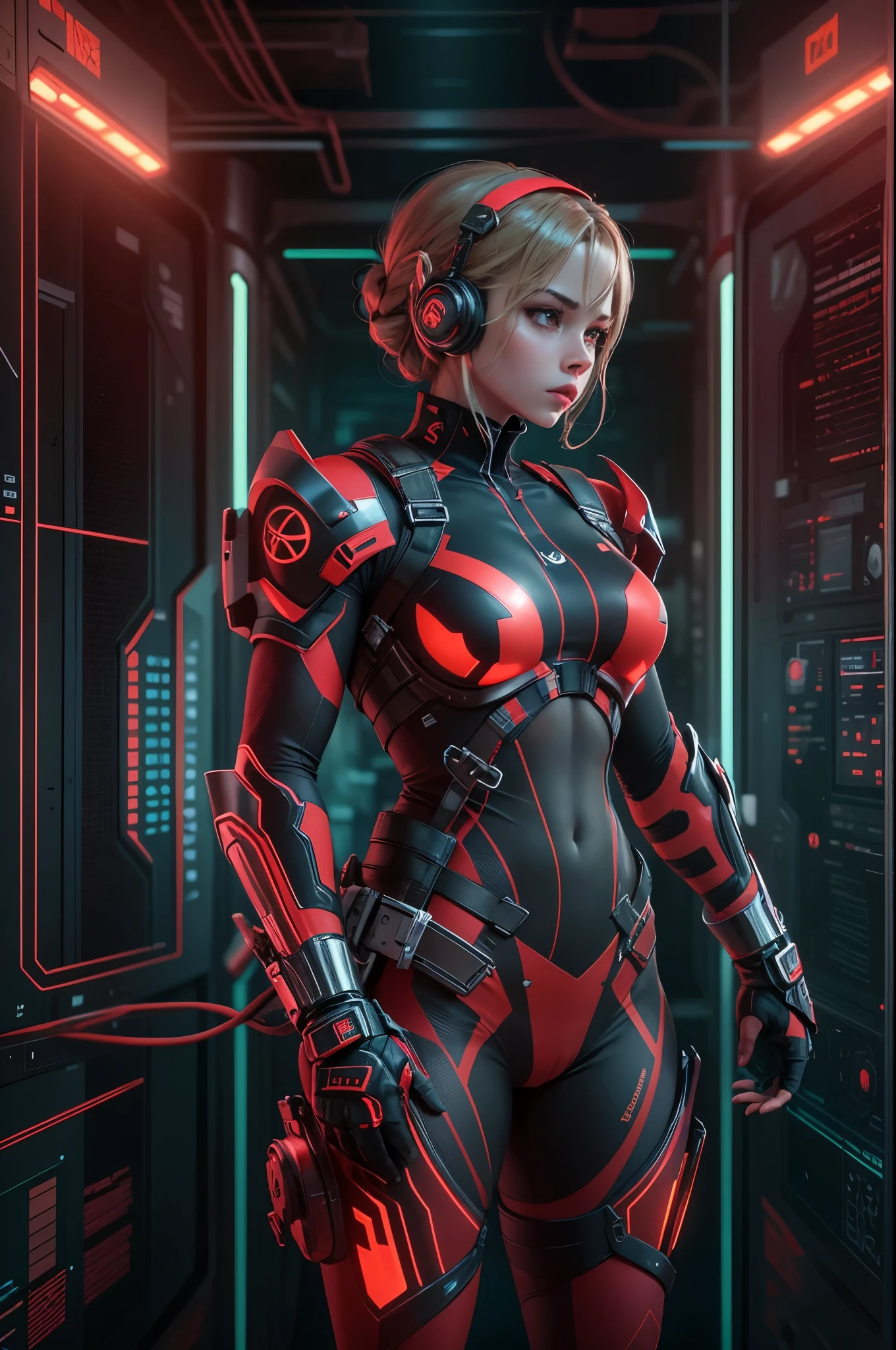 a photo of young girl, (ZentreyaCyborgBase), yellow eyes, hair between eyes, short hair, mechanical horns, red bodysuit, mechanical legs <lora:ZentreyaCyborg:1.0> scifi, science fiction, cyberpunk, neural research laboratory, heavy machinery, implants <lora:add_detail:0.4>