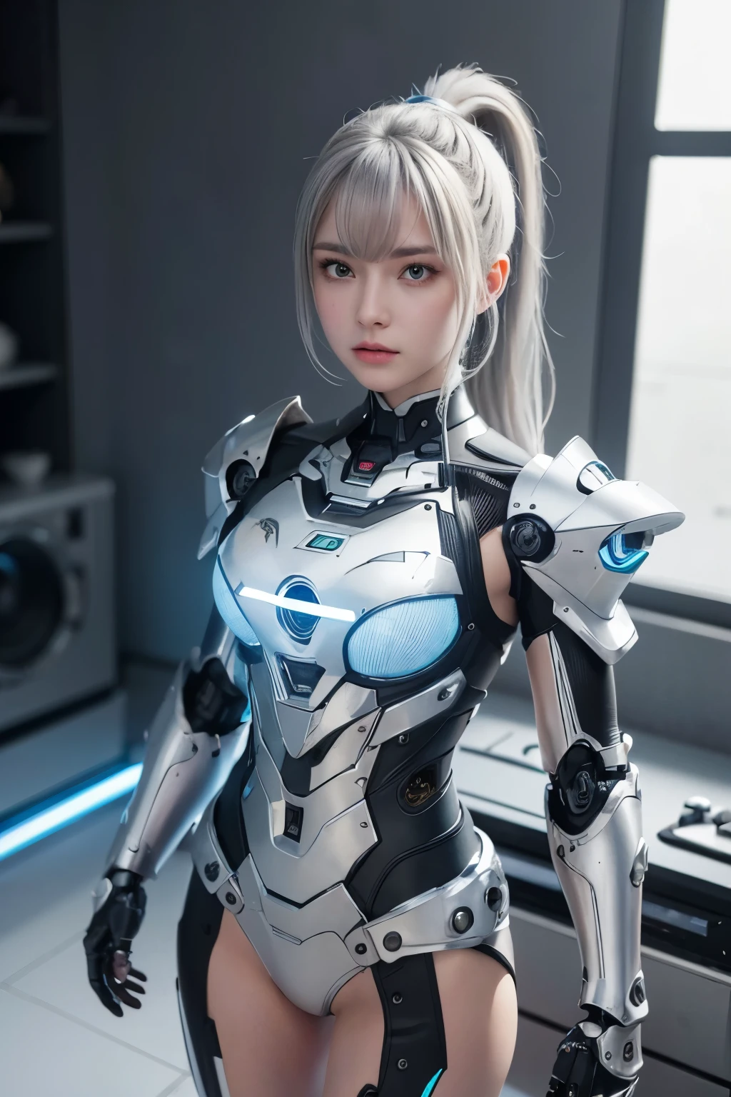 (((Best quality)), ((masterpiece)), (highly detailed:1.3), 3D, beautiful, reality, HDR (High Dynamic Range), Ray Tracing, NVIDIA RTX, Super Resolution, Maximum Clarity and Clarity, accurate simulation of light-material interaction, perfect proportion, 8K RAW, efficient sub-pixel, sub-pixel convolution)


(Intelligent Bionic Robot, girl robot, silver hair, ponytail hair, leg mechanisms, mechanical hands, mechanical stomach, (wearing mechanical micro vulgar armor, silver micro armor), multi color neon light in bikini armor, beautiful face young girl,  Heterochromia pupils yellow and blue, showing smooth skin, standing straight, the orbs on the armor emit blue light, blue light , (broke city background))