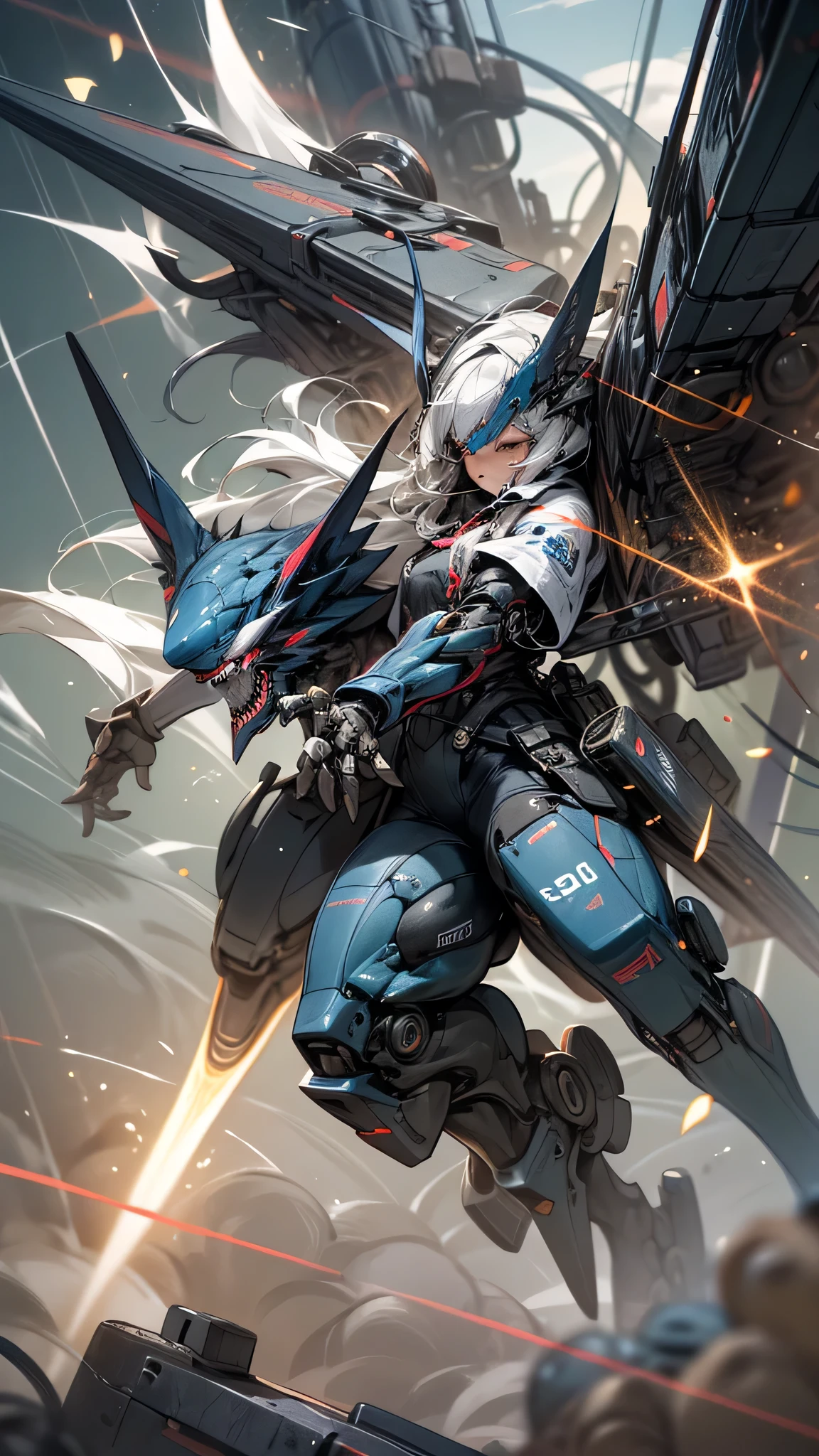 最high quality、best image quality、masterpiece、huge robot((Black body、huge propeller、missile pod、Gatling、two basics、Both arms、rugged design、floating in the air、)),high quality、beautiful art、background((Factory Area)),debris flies、Depth of written boundary、movie、visual art、perfect art、