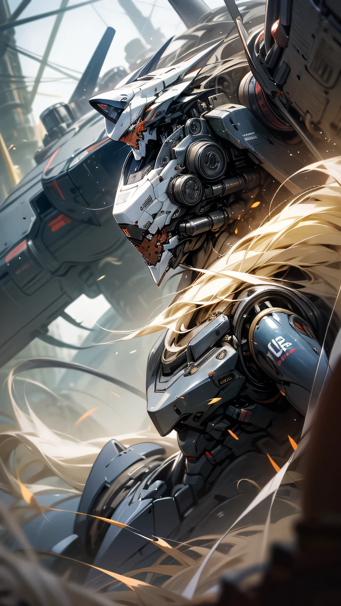 最high quality、best image quality、masterpiece、huge robot((Black body、huge propeller、missile pod、Gatling、two basics、Both arms、rugged design、floating in the air、)),high quality、beautiful art、background((Factory Area)),debris flies、Depth of written boundary、movie、visual art、perfect art、