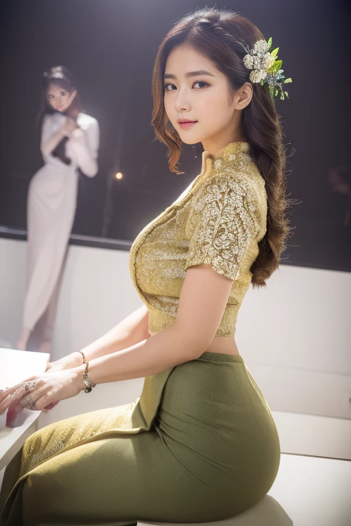 An Idol k-pop girl, (cute face, lewd face), braid hair, intricate face details, detailed face, golden ratio face, ((huge breasts:1)), ((large breasts:1)), ((giant breasts:1)), ((big breasts:1)), ((slim waist, big butt, big hip, big thighs)), ((intricate hands, detailled hands)), ((intricate feets, detailled feets)), (polished skin:1,9), (sweaty:1,9), (she is sexually aroused), (full body), 64K, UHD, HDR, global illumination, (high quality, high detailed, hyper detailed, extremely detailed), photo realistic, ultra realistic, art photo, (clarify the details, detailed parts body), intricate artwork masterpiece, trending on artstation, (soft smile), (light green eyes:1,9), look at viewer, luxury colour tight outfits, poses in the fashion show, luxury outfits.