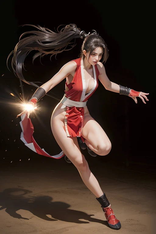 (mai shiranui:1.2), (tabi:2.0), (Full body portrait:2.0), Full body, (Realism), (masutepiece:2.0), (Best Quality), (ultra-detailliert), (8K, 4K, Convoluted), (Flat Lighting:1.2), (skinny), Prestige, Brown eyes, Long hair, brown eyes, long hair, brown hair, white ribbon, sleeveless, ponytail, sash, pelvic curtain, arm guards, gloves, tabi, fascinated expression, Sexy eyes, slim, medium breasts, Smile, Cute, view the viewer, Long hair, Close to Japan temple, (breasts focus:1.2), (Realistic:1.2), (Full Shot: 1.2), (85 mm), light Particle, Lighting, (Highly detailed:1.2), (Detailed face:1.2), (gradients), SFV, Colorful, (Detailed eyes:1.2), (Detailed temples of Japan: 1.2),(Detailed background), (Dynamic Angle:1.2), (Dynamic Pose:1.2), (Line of action:1.2), Wide Shot, Daylight, Solo.