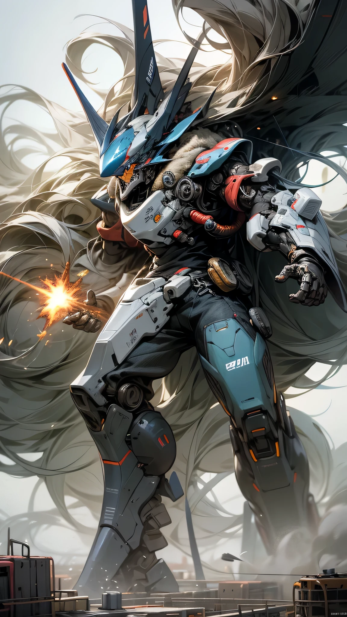最high quality、best image quality、masterpiece、huge robot((Black body、huge propeller、missile pod、Gatling、two basics、Both arms、rugged design、floating in the air、)),high quality、beautiful art、background((Factory Area)),debris flies、Depth of written boundary、movie、visual art、perfect art、