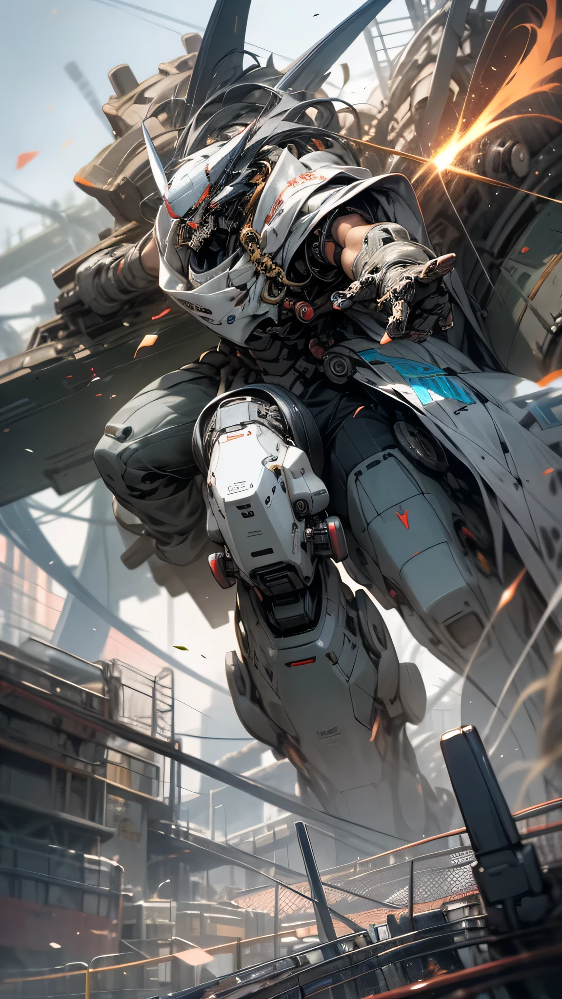 最high quality、best image quality、masterpiece、huge robot((Black body、huge propeller、missile pod、Gatling、two basics、Both arms、rugged design、floating in the air、)),high quality、beautiful art、background((Factory Area)),debris flies、Depth of written boundary、movie、visual art、perfect art、
