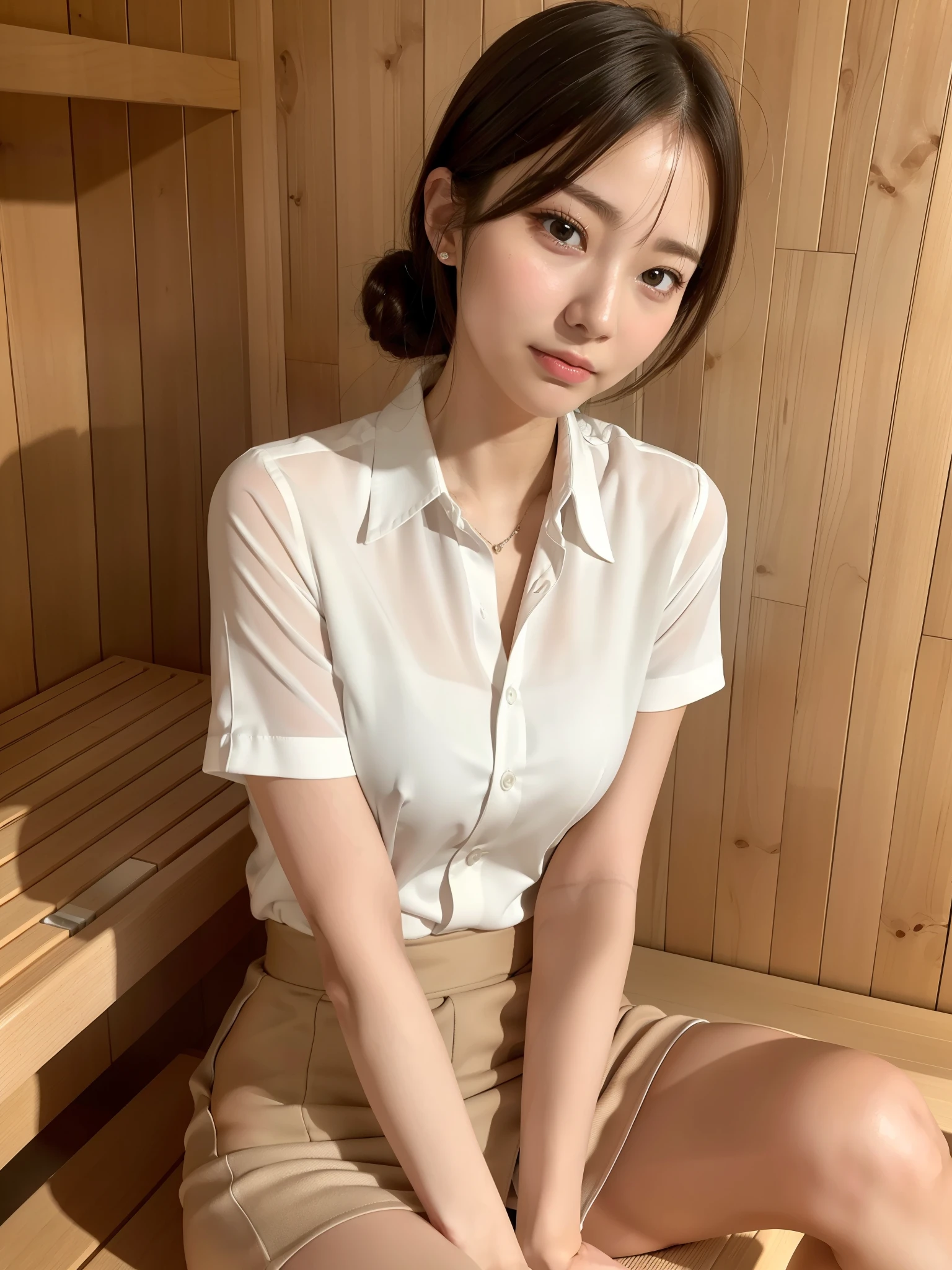 nude, Button shirt with collar, Office lady, At work, office Casual Pencil Skirt, ((of the highest quality, 8K, masutepiece: 1.3, Raw photo)), Sharp Focus: 1.2, (1 AESPA Girl :1.1), (Solo: 1.15), (Realistic, Photorealistic: 1.37), (Face Focus: 1.1), Cute face, hyperdetailed face, Short messy hair, updo, Small breasts, flat chest, (Sitting, spread her legs: 1.2), Thigh, (sauna: 1.1)