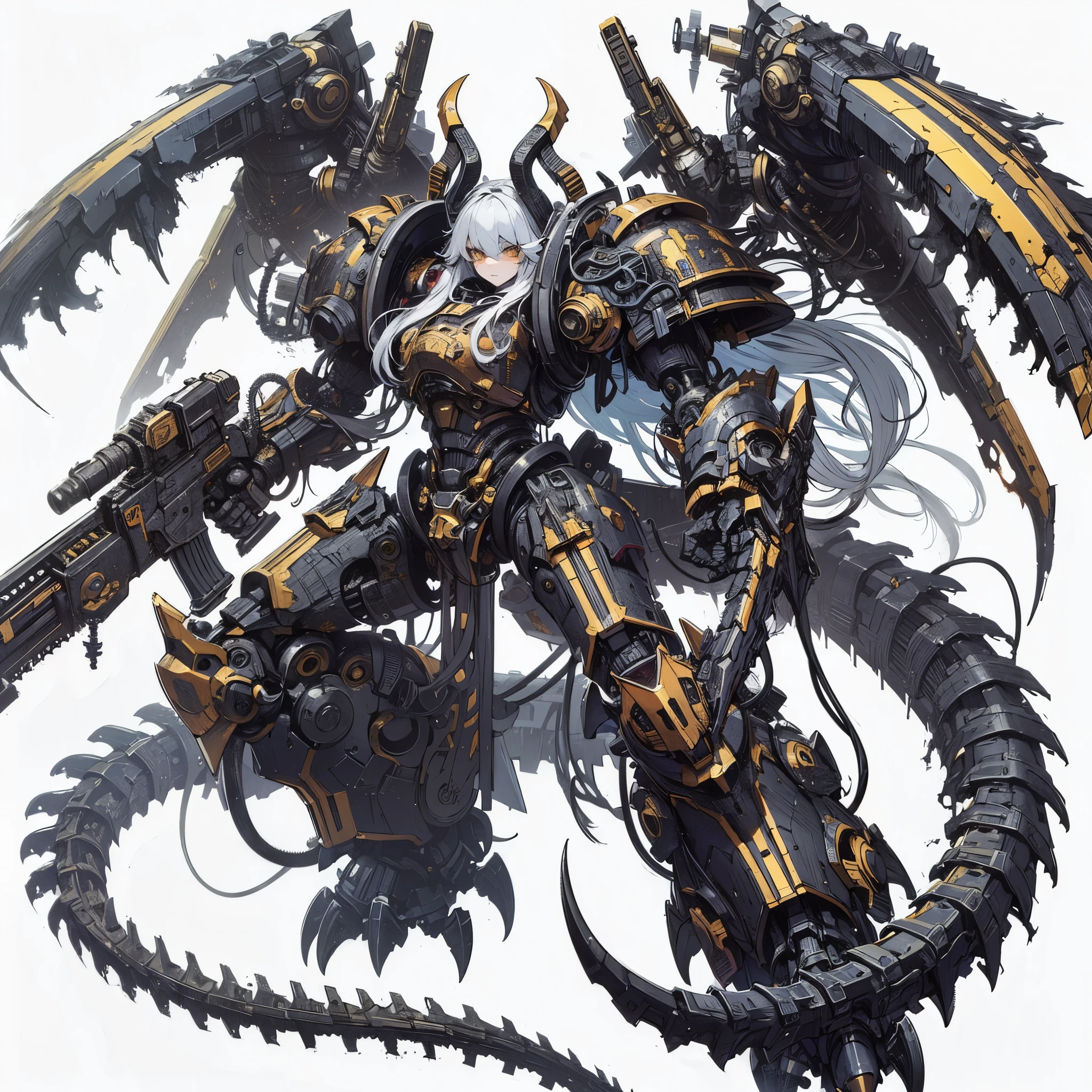 Masterpiece, best quality, ultra-detailed, anime style, full body of Chaos mechanized Demon girl, Mechanized limbs, heavy weapons mounted on arms, iron colored power armor, yellow stripes, strong claw and tail, Warhammer 40K, 8k high resolution, trending art station, white background, whole body,