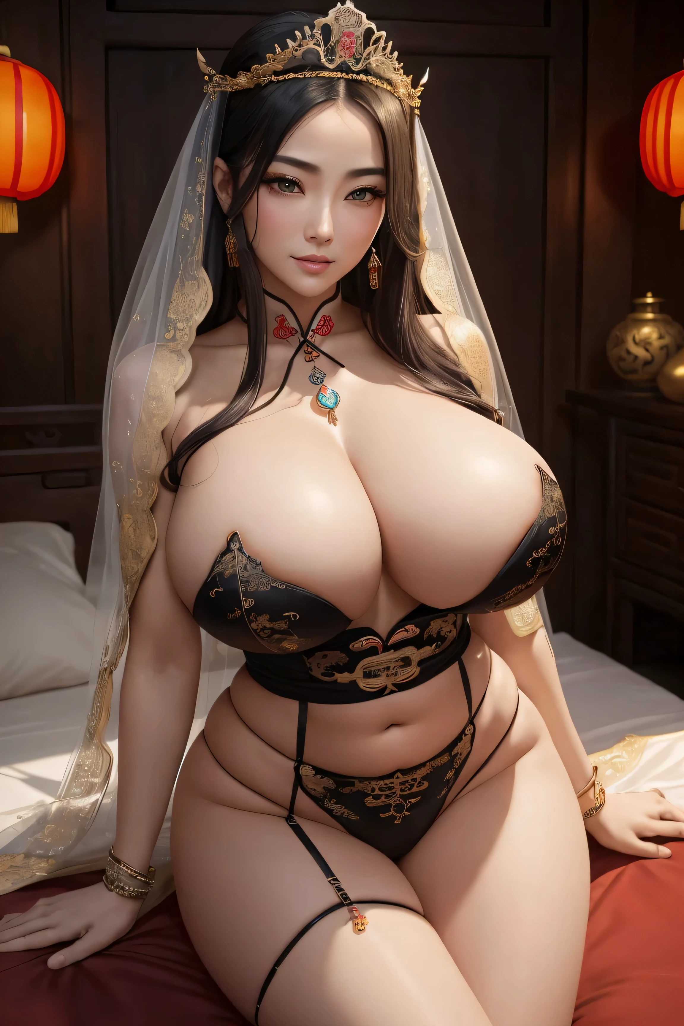 ((queen of ancient chinese mythology)), ((sensual body, Take-up, thick, very beautiful woman, hourglass illustration, big breasts, huge boobs, big ass)),((40 years old woman、facial wrinkles))(shiny hair, medium short, wavy), (cute eyes, pale alabaster skin, tattoo), ((camel toe)), (Detailed and thick), ((perfect woman image)), (Huge breasts that are about to burst、large flabby breasts), Chubby, thick waist, soft belly. masterpiece, highest quality, ((realistic)), ((1 person)), 8K quality, very delicate and beautiful, Official art with attention to detail, highly detailed hands, digital art, hyper details, top fade, dark fantasy. (beautiful and fine eyes, beautiful detailed lips, highly detailed eyes and face, eyelash length), (sensual curves,get on all fours on the bed,show cleavage,smile, sexy), (thigh gap, camel toe, pubic hair, vulva) Create a captivating visual representation of queen of ancient chinese mythology with a Take-up, voluptuous physique that accentuates her hourglass illustration. Emphasizes plump H-cup breasts and bulge, prominent butt cheeks, maintain an attractive aura. she has a bewitching presence, Her body decorated with a unique blend of abstract and realistic designs. looking at the viewer,((ancient chinese mythology atmosphere))、wears a thin decorated veil、She wears a luxurious tiara with sparkling jewels..