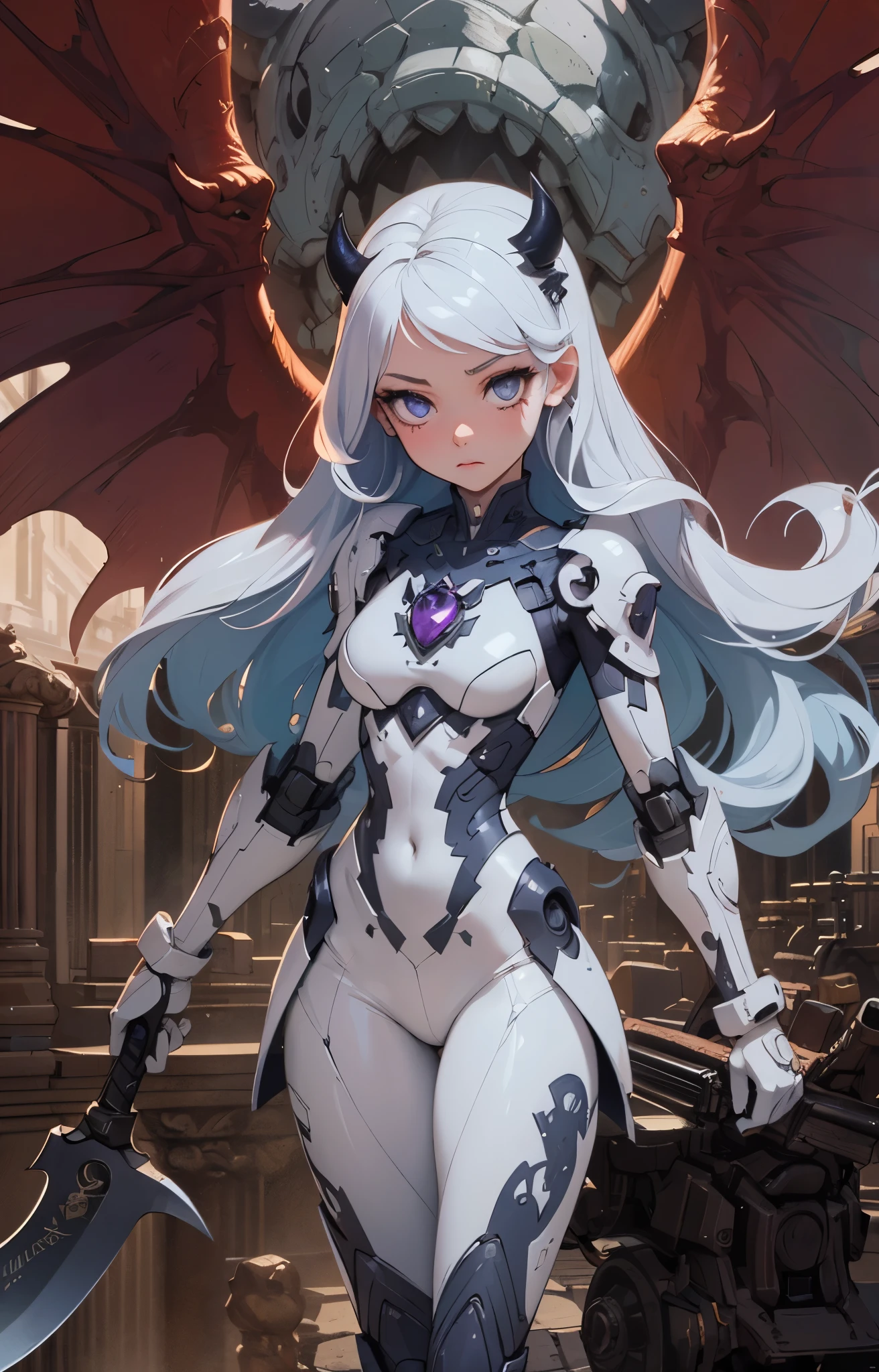 A mech with charming curves and beautiful posture, the mech shows a body with female human characteristics, the mech is white and decorated with blue gemstones, and the head is wearing a blue and white mechanized demon horn, only one armor in the picture, no other armor exists, 8k