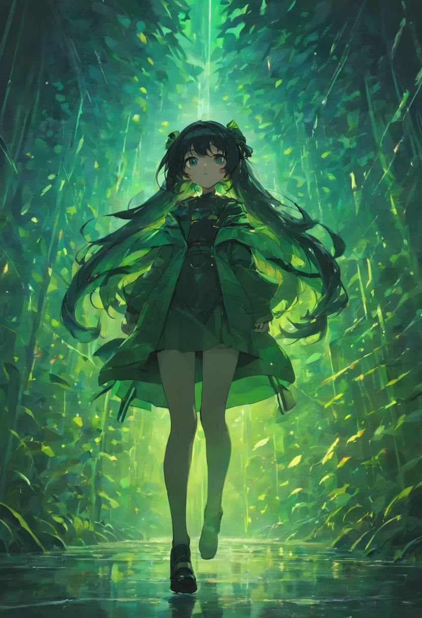 full body image，long black hair，masterpiece, and green theme,rain,riverside，Nature，A lot of people