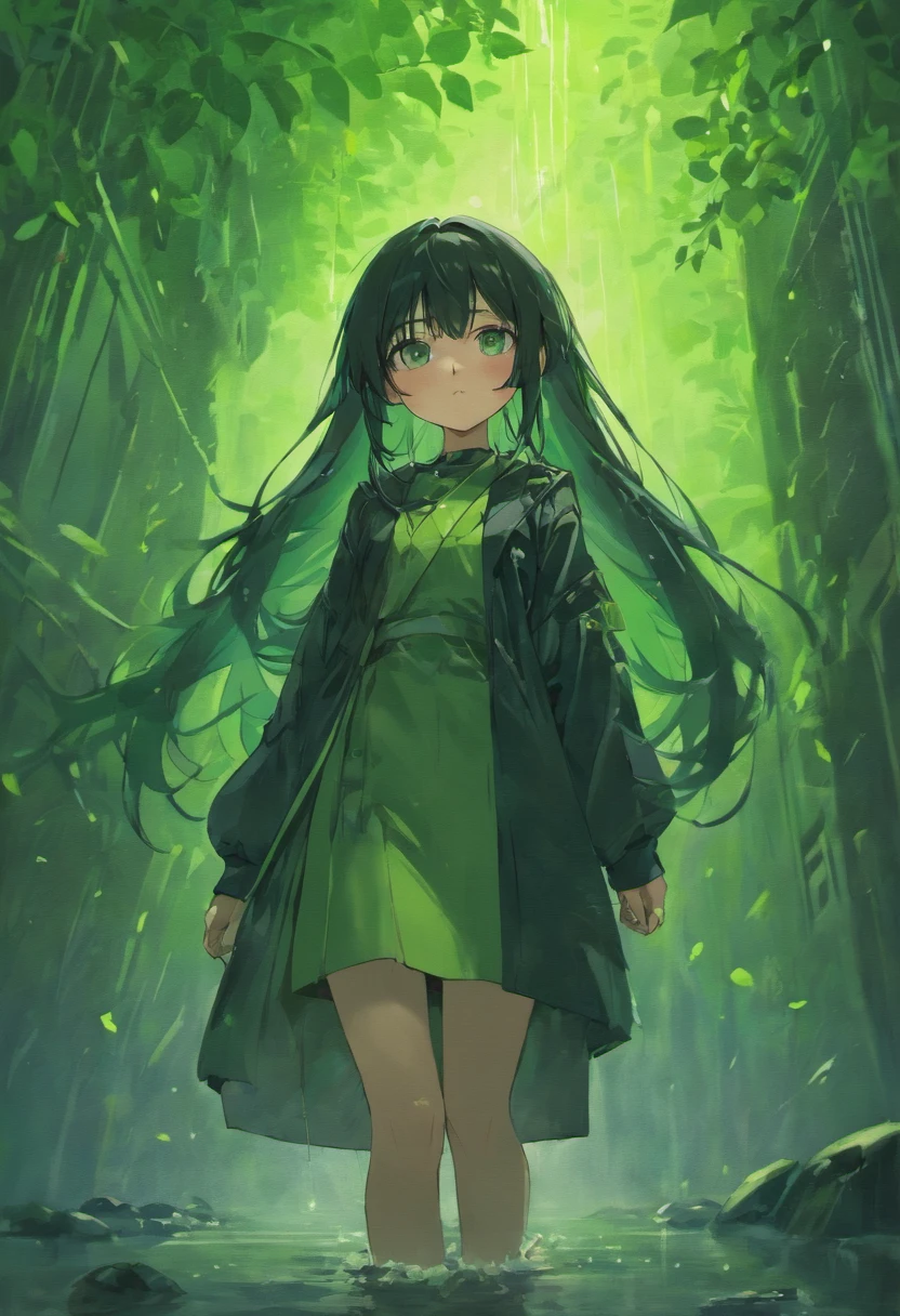 full body image,long black hair,masterpiece, and green theme,rain,riverside,Nature,A lot of people