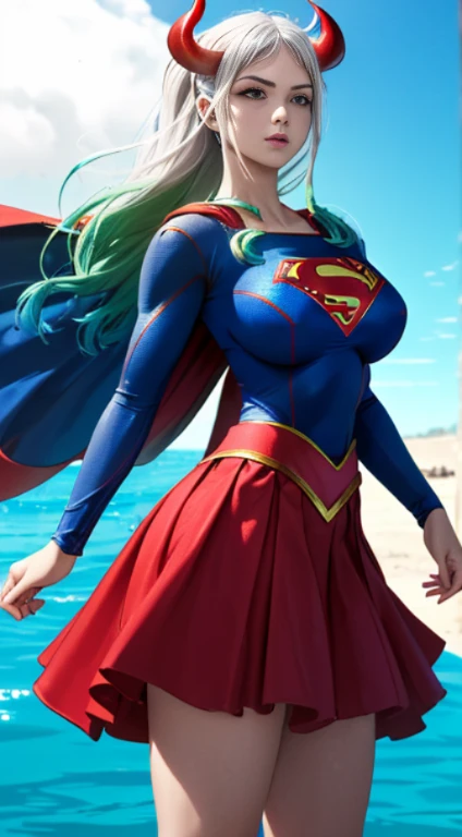 (melhor qualidade:1.3), Supergirl, capa vermelha, S do super-homem no peito, blue swimsuit, Red skirt, botas vermelhas, (demon girl), huge breasts, sedutora, sexy, cabelo branco com as pontas verde claro, chifre com as pontas vermelho