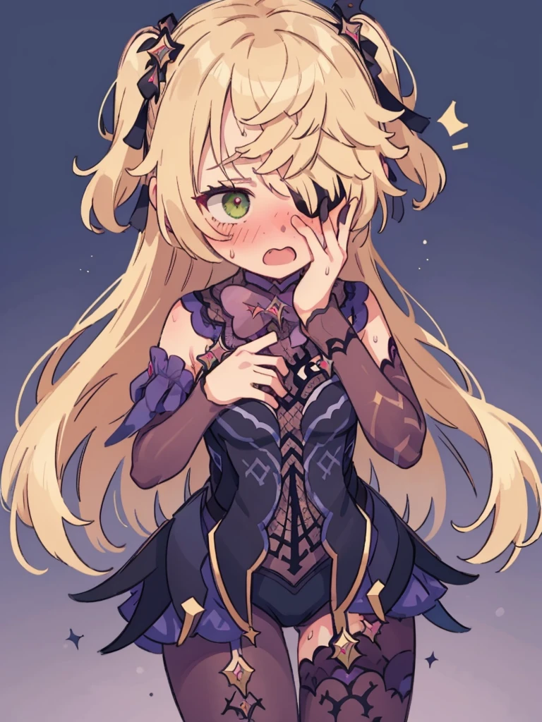 embarrassed, standing, averted gaze, turned head, shocked, thighs and up, looking away, dark stockings, eyepatch, green eye, level perspective, heavy blushing, open mouth, sweating, horrified, blushing, peaking through fingers, hand covering face, (blush:1.6), no background, transparent background