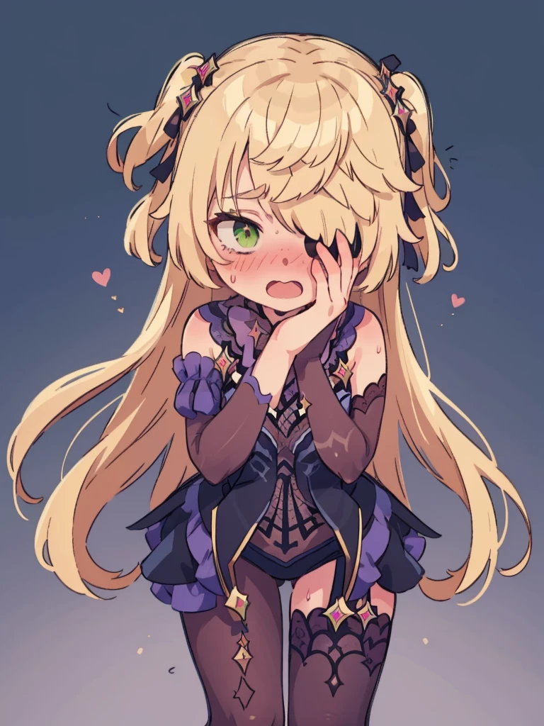embarrassed, standing, averted gaze, turned head, shocked, thighs and up, looking away, dark stockings, eyepatch, green eye, level perspective, heavy blushing, open mouth, sweating, horrified, blushing, peaking through fingers, hand covering face, (blush:1.6), no background, transparent background
