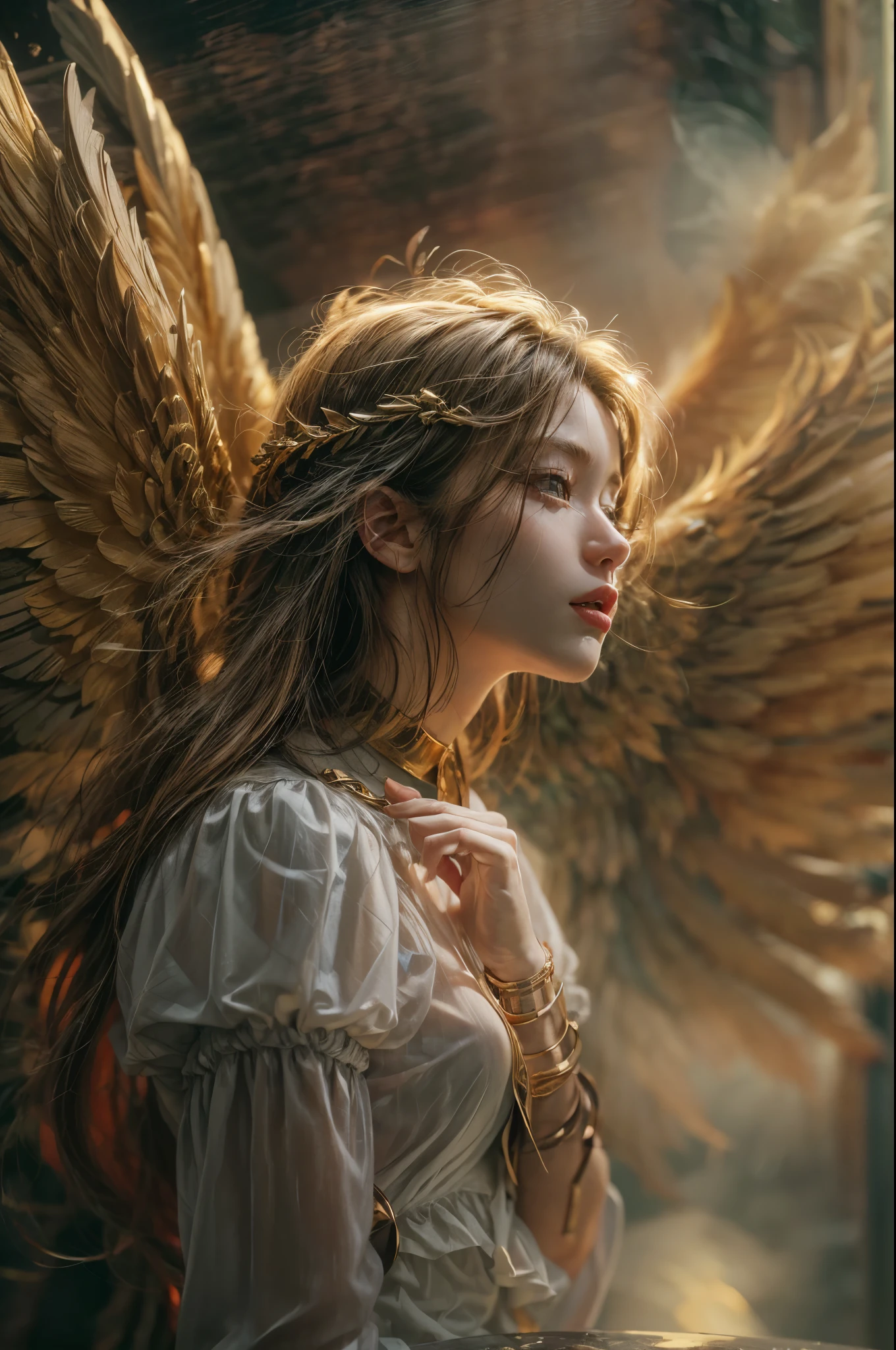 A photograph captures a fleeting moment where a girl embodies the essence of both an angel and a cyberpunk-steampunk muse. Amidst swirling smoke, use the ((golden hour)) to infuse the scene with warmth, highlighting the ((emotional)) juxtaposition of ethereal wings and futuristic elements.