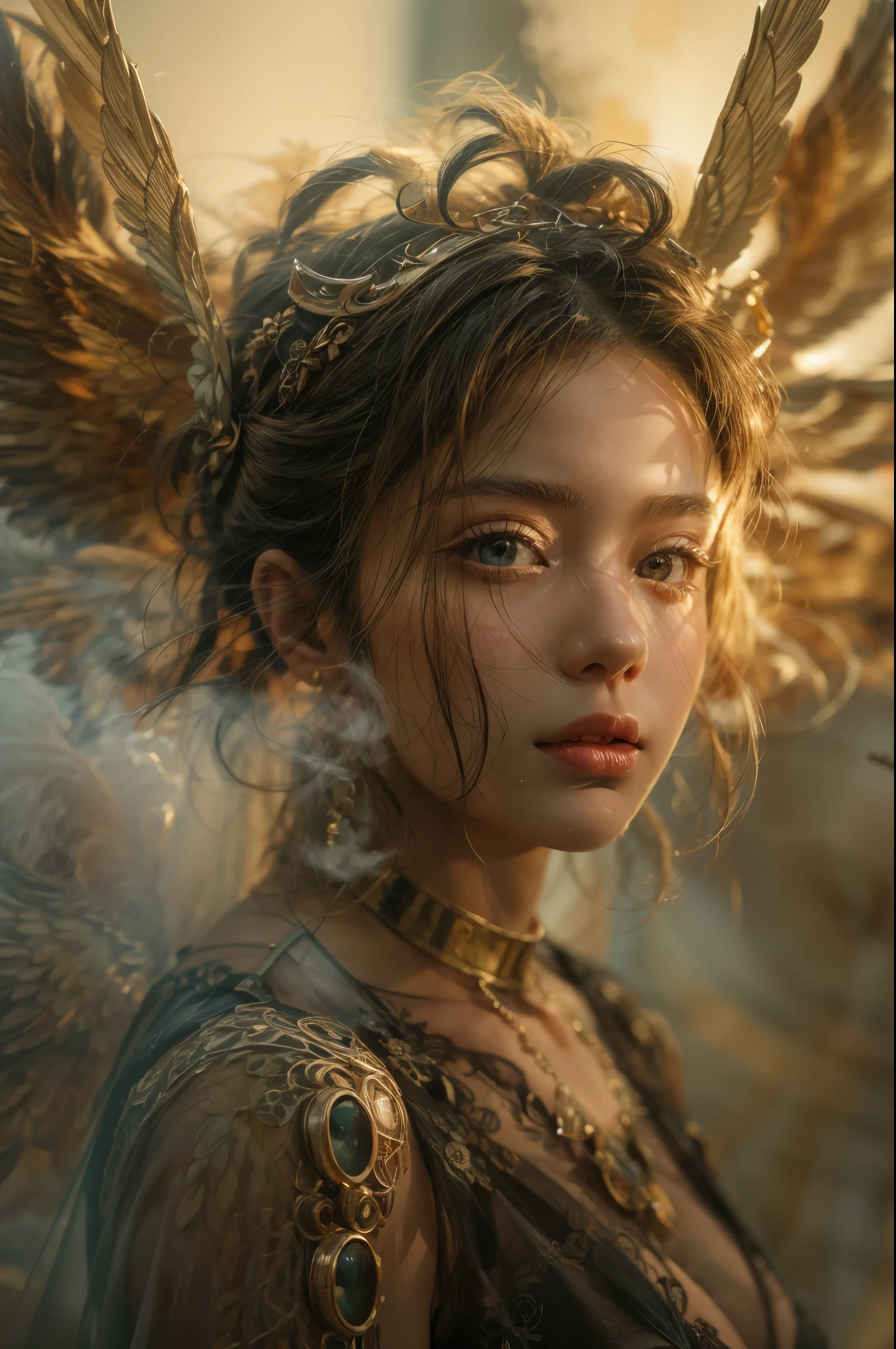 A photograph captures a fleeting moment where a girl embodies the essence of both an angel and a cyberpunk-steampunk muse. Amidst swirling smoke, use the ((golden hour)) to infuse the scene with warmth, highlighting the ((emotional)) juxtaposition of ethereal wings and futuristic elements.