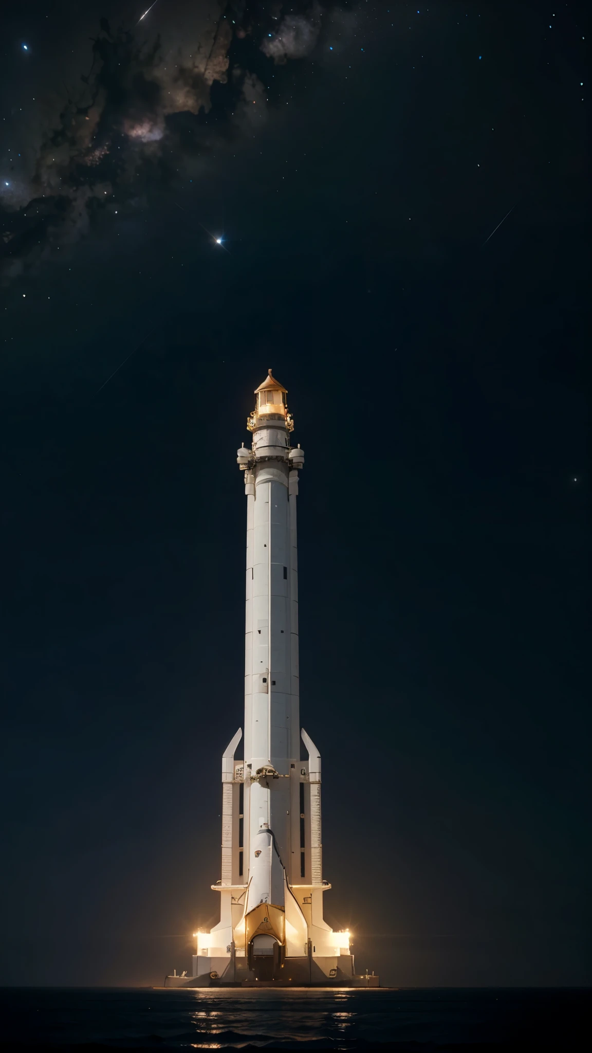 The background is the vast universe at night.,A lighthouse and a space shuttle are about the same size, lighthouse on earth, empty space shuttle
