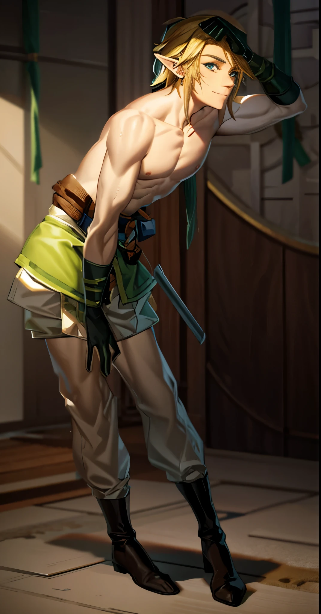 1Boy, has  short blond hair, has sharp green eyes, give accurate facial features, give accurate hands, accurate legs, HD , thighs appears , has a light ability , he can control lights , he has the power of light , small ass appears , show  small ass , fighting a villain，did not wear panties