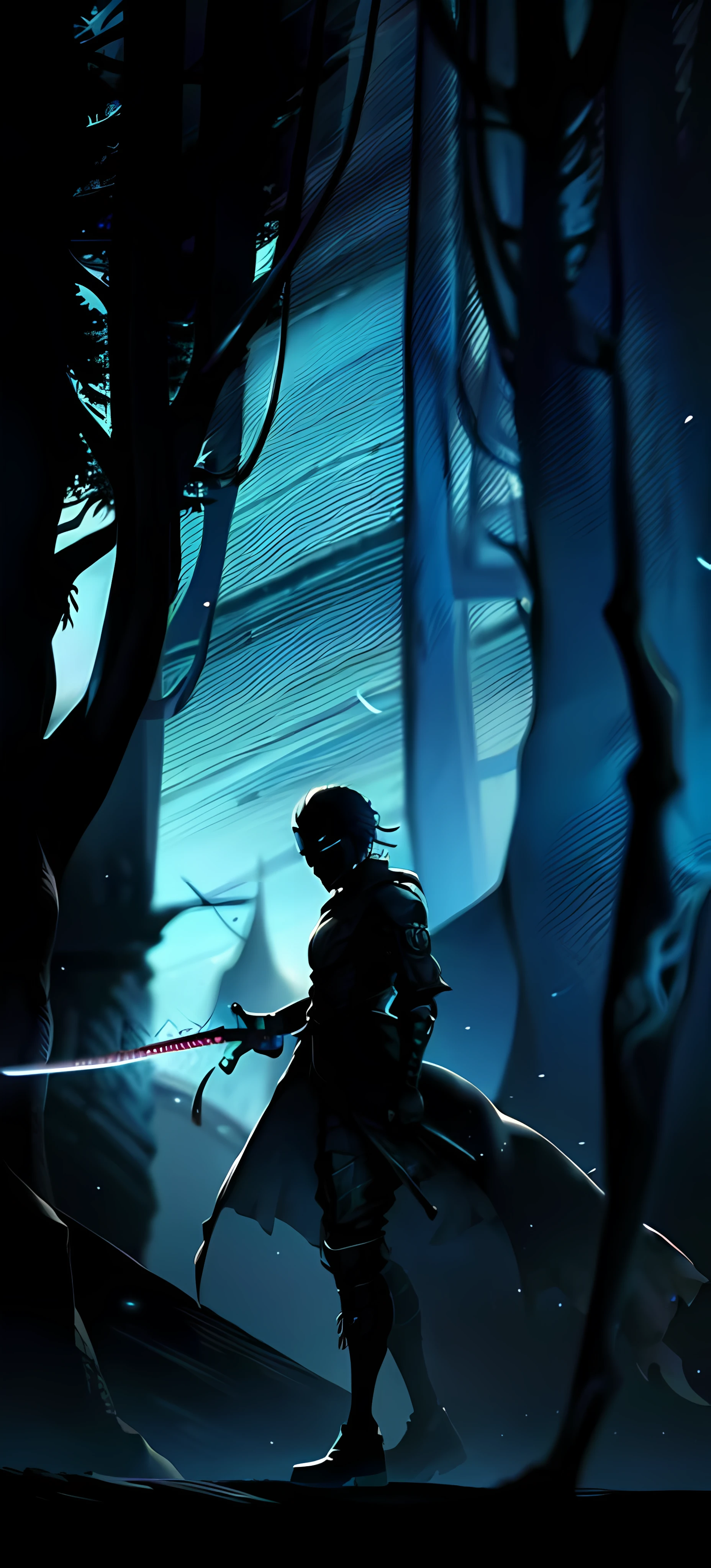 a close up of a person walking through a forest with a sword, hold sword in the forest, ghost of tsushima, samurai warrior, sekiro in bloodborne world, inspired by Kanō Hōgai, cinematic blue lighting, cinematic forest lighting, from vermintide 2 video game, blue forest, dnd in a dark forest, still from a fantasy movie