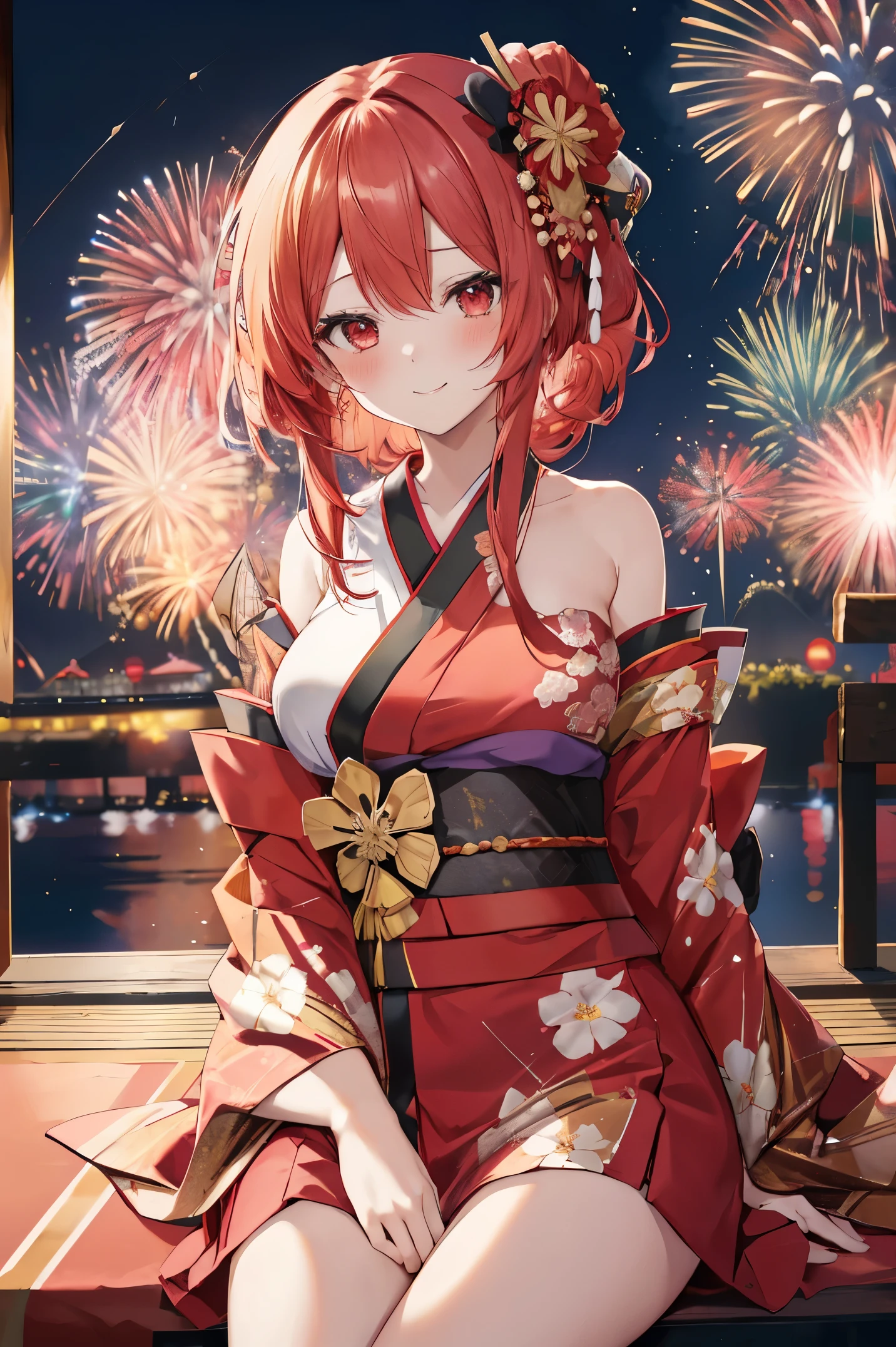 "anime girl, 1 person, red hair, shoulder length hair, dark red eyes, wearing flower hairpin, female kimono, red kimono with gold border pattern, big breasts, long stockings, blushing smile, standing still cross-legged, solo, view from different angles, festival, New Year's Eve fireworks, fireworks viewing, night (full HD 4K+ image)"
