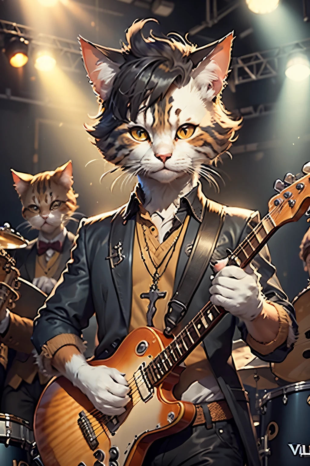 Pixar style image, Male cats jazz band, performing, on stage, vulgar, sexy, close-up, Pixar, Disney, Cinema Lighting, holding instruments