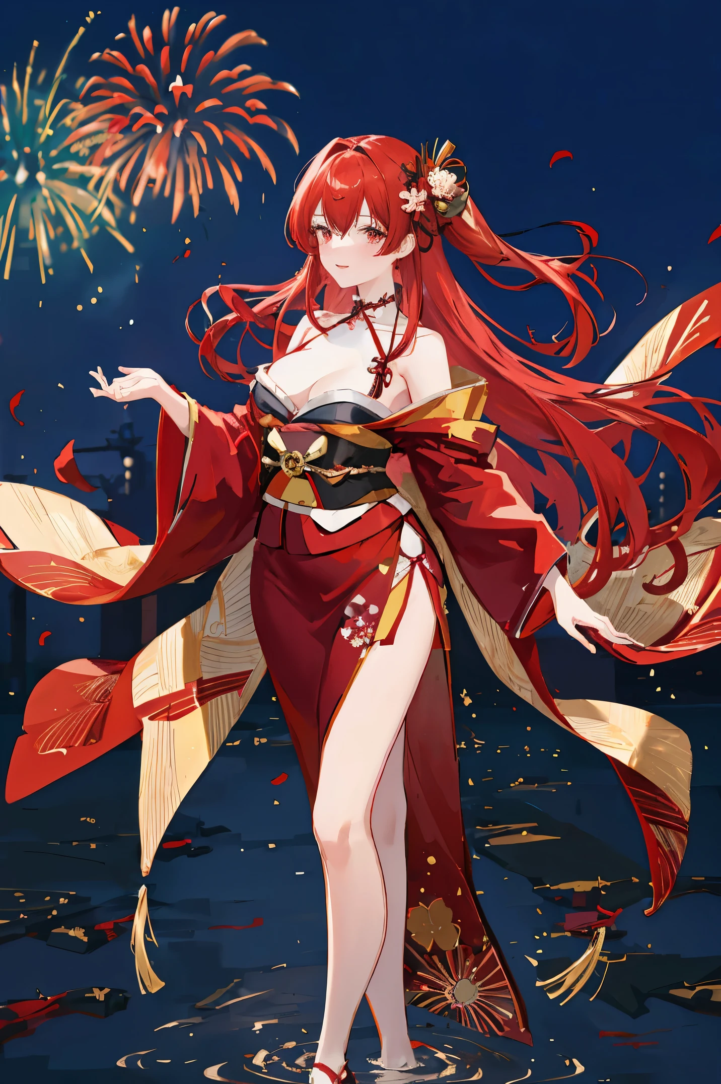 "anime girl, 1 person, red hair, shoulder length hair, dark red eyes, wearing flower hairpin, female kimono, red kimono with gold border pattern, big breasts, long stockings, blushing smile, standing still cross-legged, solo, view from different angles, festival, New Year's Eve fireworks, fireworks viewing, night (full HD 4K+ image)"