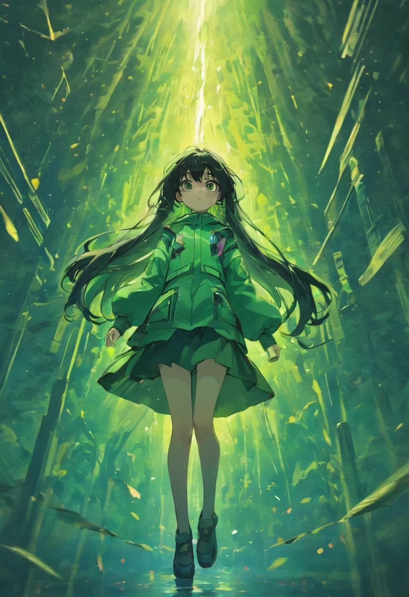 full body image,long black hair,masterpiece,and green theme,rain,riverside,Nature,A lot of people together,Reflection in the water,There is sun,bright colors,There are trees,There is a building,Cosmic elements,Constellation energy