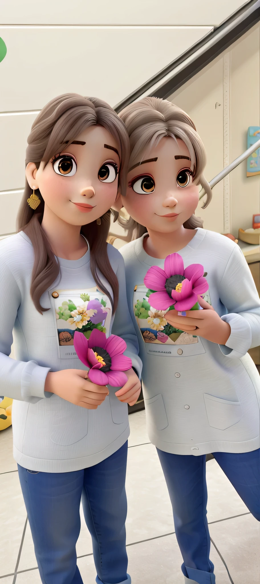 duas meninas segurando flores, 6 anos de idade, estilo pixar, super qualidade