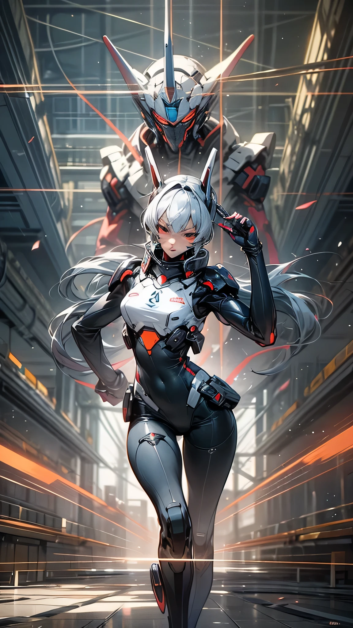 最high quality、best image quality、masterpiece、huge robot((Black body、two basics、Both arms、thin、jetpacks、Beam saber)),high quality、beautiful art、background((Factory Area)),debris flies、Depth of written boundary、movie、visual art、perfect art、