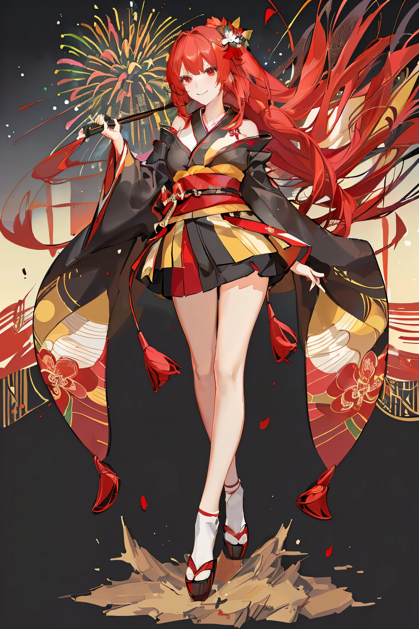 "anime girl, 1 person, red hair, shoulder length hair, dark red eyes, wearing flower hairpin, female kimono, red kimono with gold border pattern, big breasts, long stockings, blushing smile, standing still  cross-legged, solo, view from different angles, festival, New Year's Eve fireworks, fireworks viewing, night (full HD 4K+ image)"