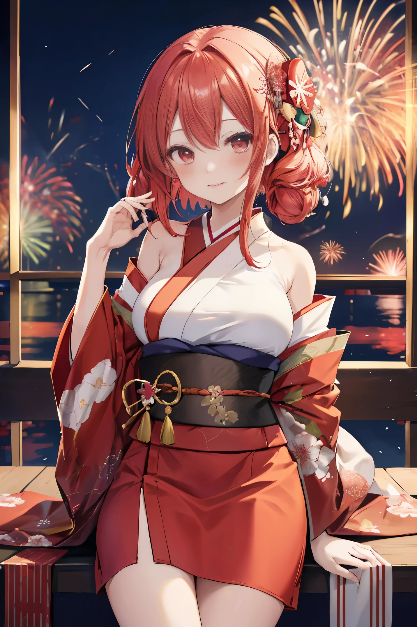 "anime girl, 1 person, red hair, shoulder length hair, dark red eyes, wearing flower hairpin, female kimono, red kimono with gold border pattern, big breasts, long stockings, blushing smile, standing still cross-legged, solo, view from different angles, festival, New Year's Eve fireworks, fireworks viewing, night (full HD 4K+ image)"