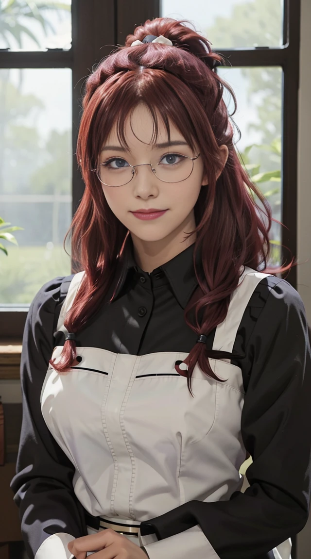 best quality, (masterpiece:1.2), detailed,
1girl, solo, closed mouth, smile,
ponytail, long hair, red hair, purple eyes, glasses,
maid headdress, maid, long sleeves, collared shirt, black shirt, maid apron
standing, looking at the viewer,
indoors, window, perfect finger