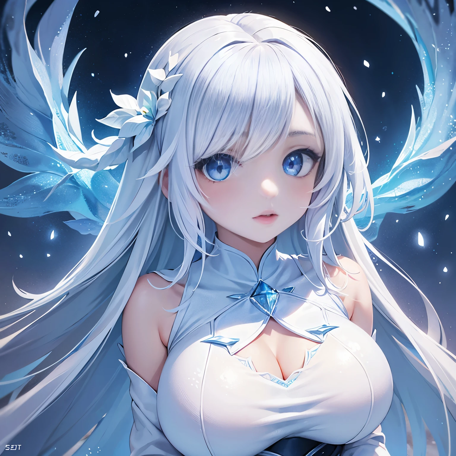 (masterpiece,best quality,ultra-detailed),1girl, large breast, glowing eyes,long hair,(((frost pretty girl))),beautiful and detailed face, detailed eyes,night,snow particles in the air,((frost theme)),((((frost theme)))),