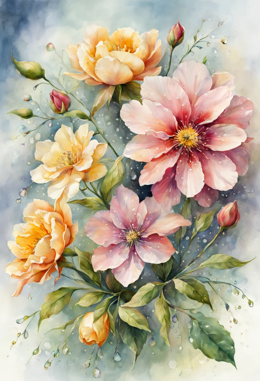 (best quality, 4k, 8k, high resolution, masterpiece:1.2), ultra-detailed, (realistic, photorealistic:1.37), vibrant watercolor flowers, assorted blooms, delicate petals, soft watercolor wash, (watercolor paper texture:1.1), (lush foliage:1.1), interplay of light and shadow, (sunlit:1.1), (dew drops on petals:1.1), (varied flower species:1.1), botanical illustration, (rich color palette:1.1), (soft edges:1.1), (depth of field:1.1), (artistic composition:1.1), (harmonious arrangement:1.1)