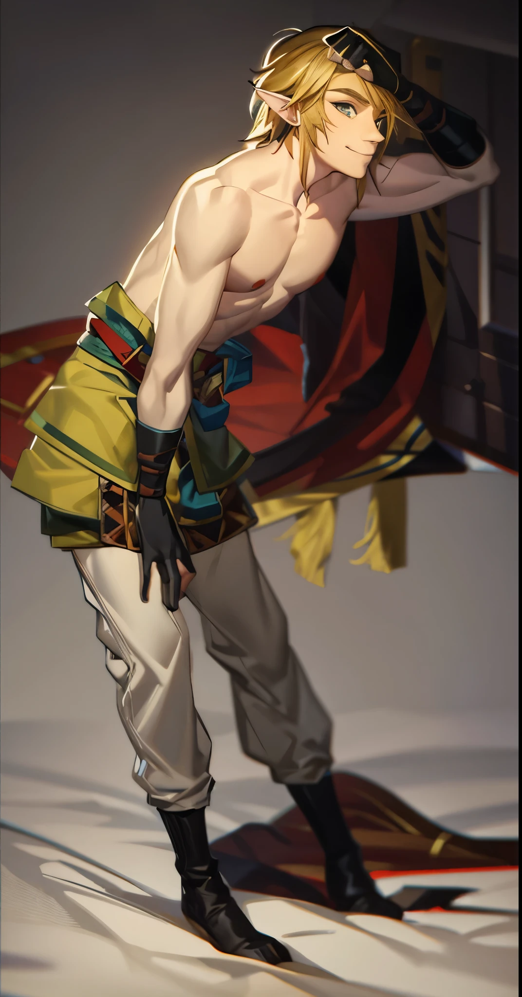 blond, tall, green-eyed guy, viking style, russian hero style, strong, anime style, anime , link, ( short gloves), standing, (topless:1.3), demigod , (muscular:0.5)(from above:0.1),(sport:0.2), (empty dojo),(smiling:0.8), (dominant),(evil:0.2)(confident)(sadistic:0.3)(adult:1)(slender:0.4)(from below:0.3)(powerful)(looking at viewer),(pants)(masculine)