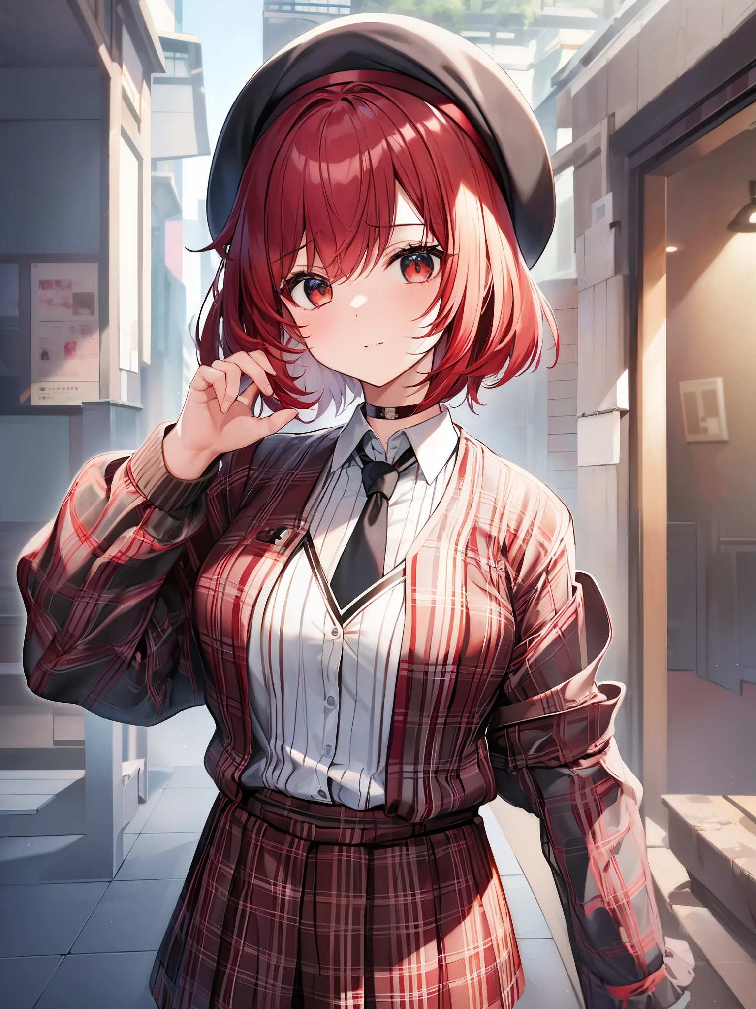 best quality、masterpiece、1 girl、solo、red gradient striped hair、Short hair、gray hair、lily (Wakka)、Black beret、plaid skirt、choker、cyan sweater jacket、collared shirt、black plaid tie、Sleeves that go beyond the fingers、dull bangs