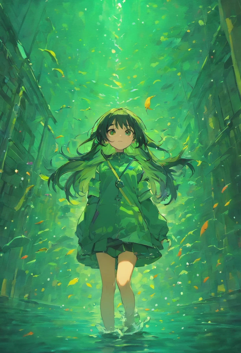 full body image,long black hair,masterpiece,and green theme,rain,riverside,Nature,A lot of people together,Reflection in the water,There is sun,bright colors,There are trees,There is a building,Cosmic elements,Constellation energy,Lots of fish