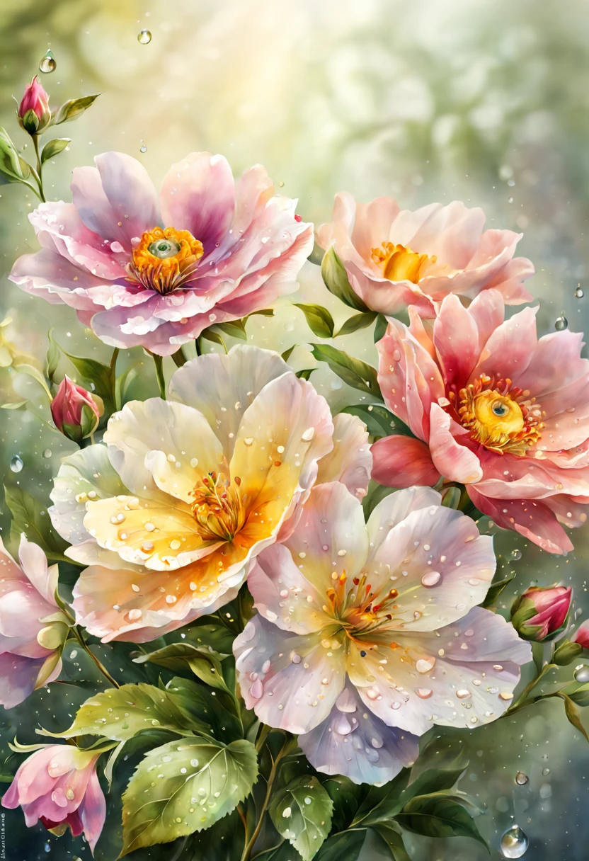 (best quality, 4k, 8k, high resolution, masterpiece:1.2), ultra-detailed, (realistic, photorealistic:1.37), vibrant watercolor flowers, assorted blooms, delicate petals, soft watercolor wash, (watercolor paper texture:1.1), (lush foliage:1.1), interplay of light and shadow, (sunlit:1.1), (dew drops on petals:1.1), (varied flower species:1.1), botanical illustration, (rich color palette:1.1), (soft edges:1.1), (depth of field:1.1), (artistic composition:1.1), (harmonious arrangement:1.1)