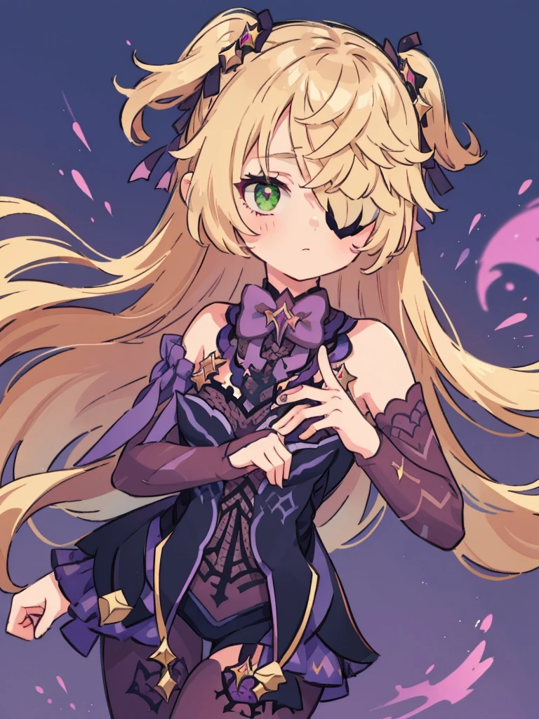 girl, arm outstretched, casting a spell, purple aura over hand, confident, eyepatch, green eye, dramatic pose, simple_background, no background, stockings