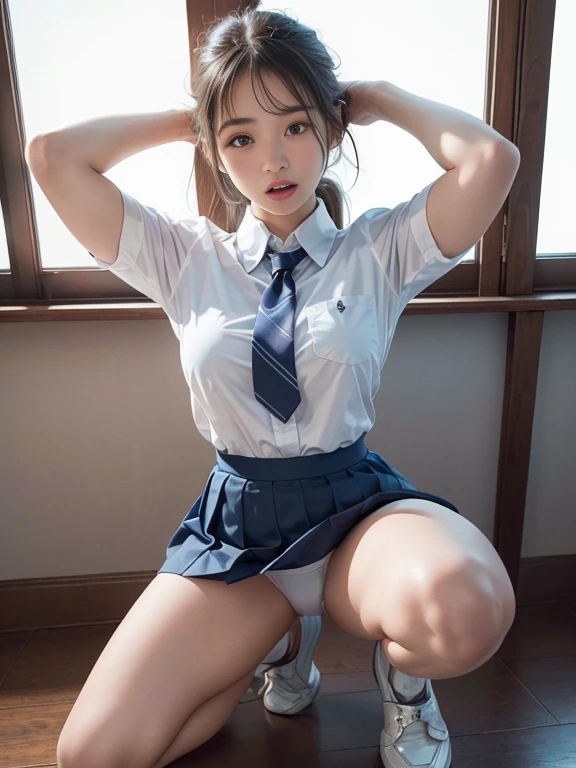 (best quality, 8k, highres, photorealistic:2.0), (solo, one girl:2.0),(lighting: strong),(lighting: front),(very muscular girl:1.5),(bodybuilder girl:1.5),(Squat down on one knee and spread your legs apart.:1.5),(raise both arms behind your head:1.5),(black loafers),(school uniform),(white collar shirt),(long sleeve shirt),(red ribbon tie),(white socks),(blue skirt),(blue pleated mini skirt),(Wearing white panties),(she is in ecstasy:1.6),(Japanese high school girl),Location at high school