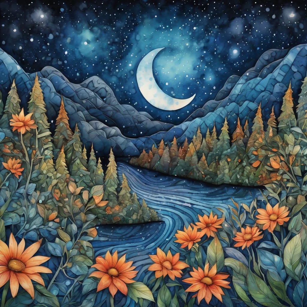 ((Watercolor Flowers close up)). (best quality,4k,highres,masterpiece:1.2),ultra-detailed,(realistic:1.37), Orange, blue, brown, grey, green, (((Watercolor Flowers))) View in a (((zentangle style))),Watercolor Flowers,nature,animals,neon lights,twinkling stars,detailed Watercolor Flowers,vivid colors,dreamlike atmosphere,zigzag patterns,sharp lines,black and white combination,tangled water,surrealistic,night sky,glowing moon,contrast between lights and shadows,creativity,unique style,meticulous attention to details,expressive strokes,nature landscape,mysterious vibes,imagination,enchanted scene,nighttime hustle and bustle,thousands of Watercolor Flowers shining bright,humming forest life,long exposure effect,skyscrapers reaching for the sky,abstract patterns,creative interpretations,nature symmetry,zigzag rooftops,glowing skyscrapers,limited color palette,zentangle influences,naturescape at night,tranquil ambiance,moonlit scenery.
