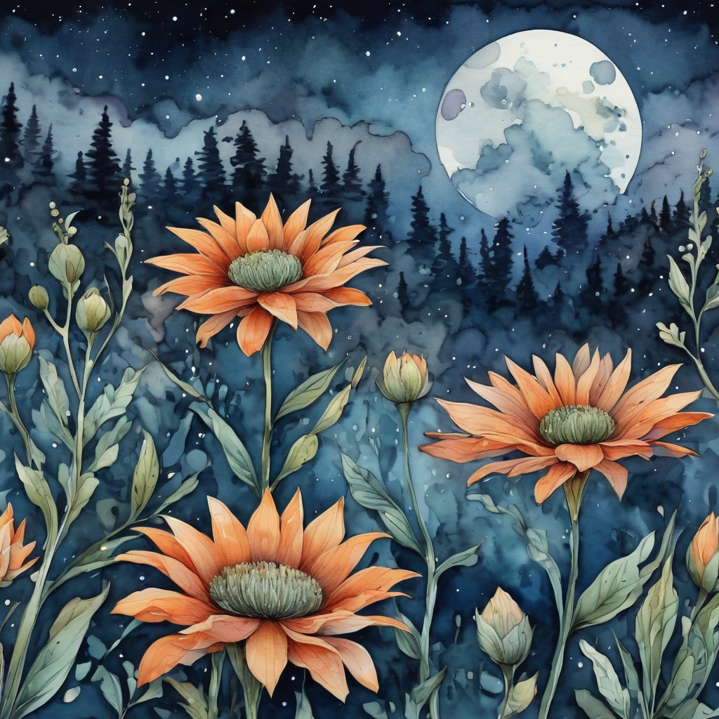 ((Watercolor Flowers close up)). (best quality,4k,highres,masterpiece:1.2),ultra-detailed,(realistic:1.37), Orange, blue, brown, grey, green, (((Watercolor Flowers))) View in a (((zentangle style))),Watercolor Flowers,nature,animals,neon lights,twinkling stars,detailed Watercolor Flowers,vivid colors,dreamlike atmosphere,zigzag patterns,sharp lines,black and white combination,tangled water,surrealistic,night sky,glowing moon,contrast between lights and shadows,creativity,unique style,meticulous attention to details,expressive strokes,nature landscape,mysterious vibes,imagination,enchanted scene,nighttime hustle and bustle,thousands of Watercolor Flowers shining bright,humming forest life,long exposure effect,skyscrapers reaching for the sky,abstract patterns,creative interpretations,nature symmetry,zigzag rooftops,glowing skyscrapers,limited color palette,zentangle influences,naturescape at night,tranquil ambiance,moonlit scenery.