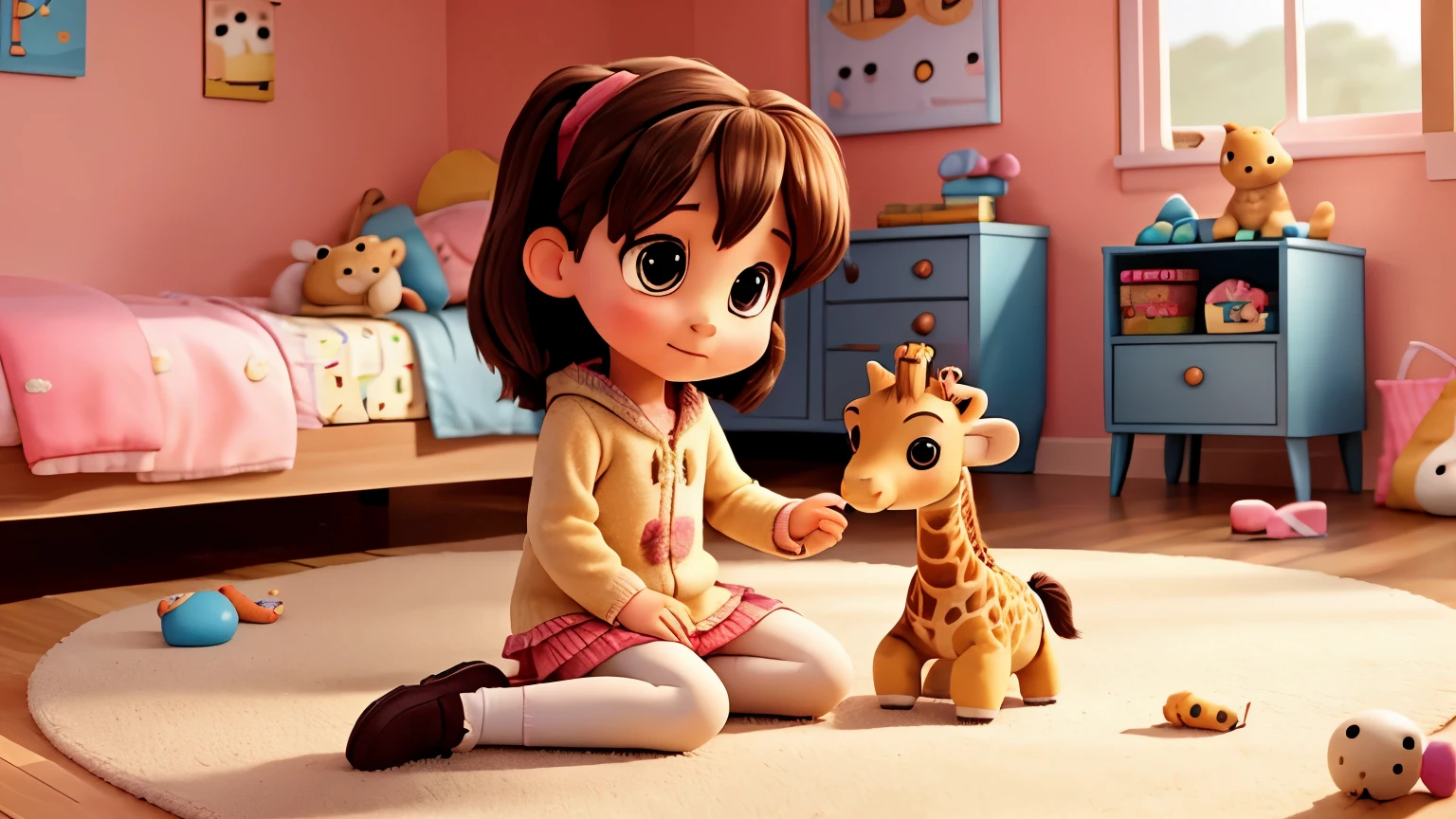playing with her plush giraffe in her room full of toys